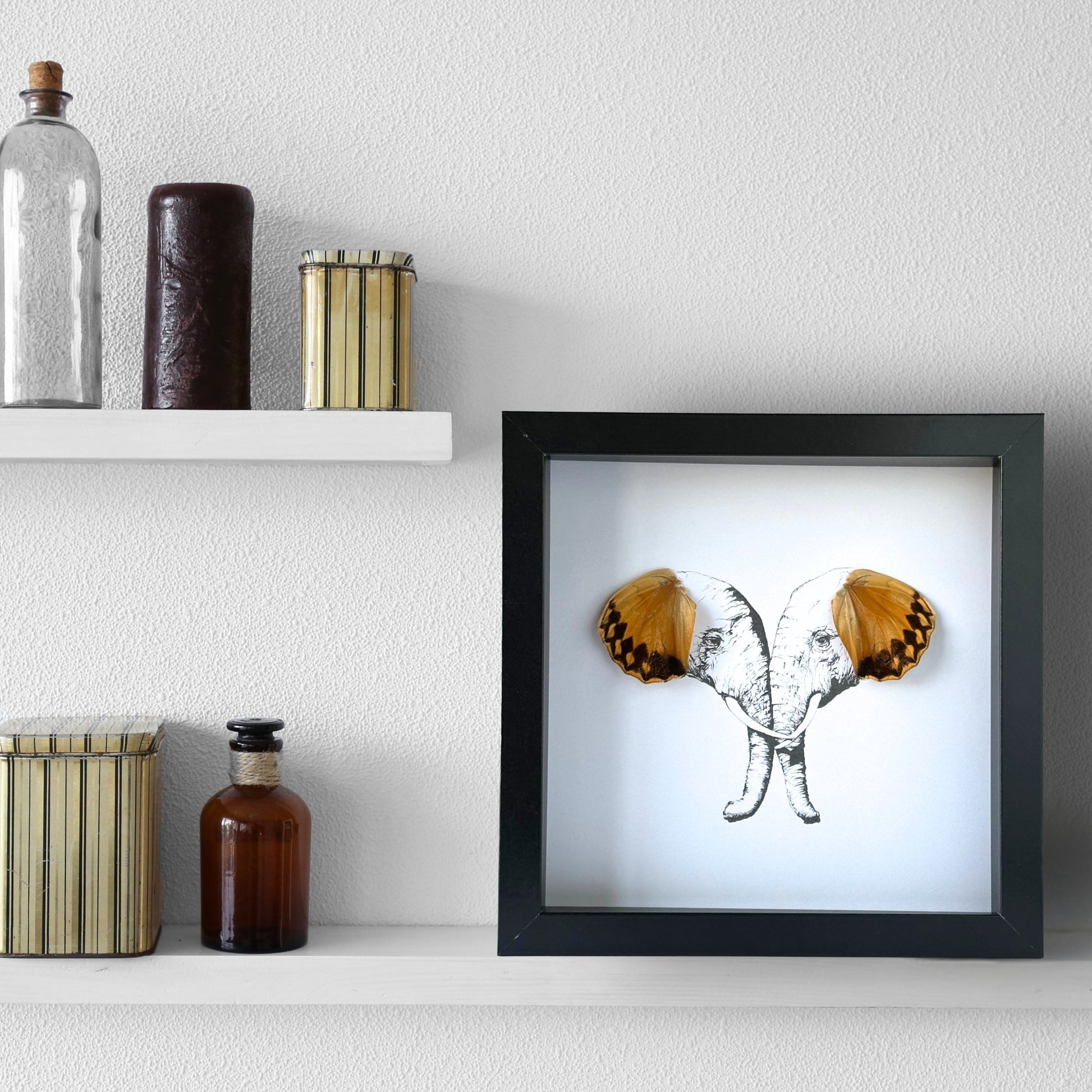 Elephant Pair Custom Framed Art with Real Butterfly Wings - Isms Butterfly Conservation ArtFramed Art