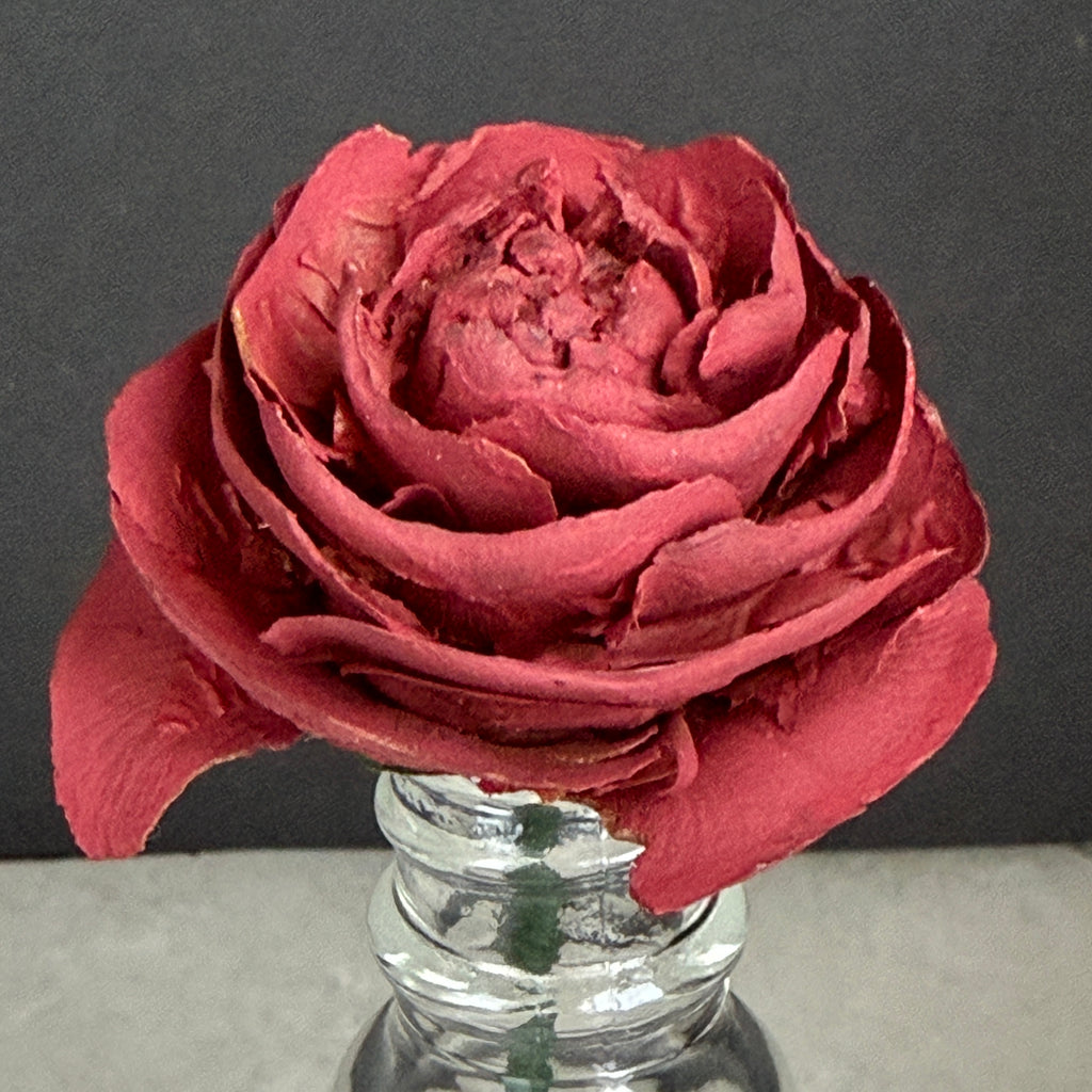 Close view of a Cedar Rose showing layered real wood texture above a small clear glass bottle.