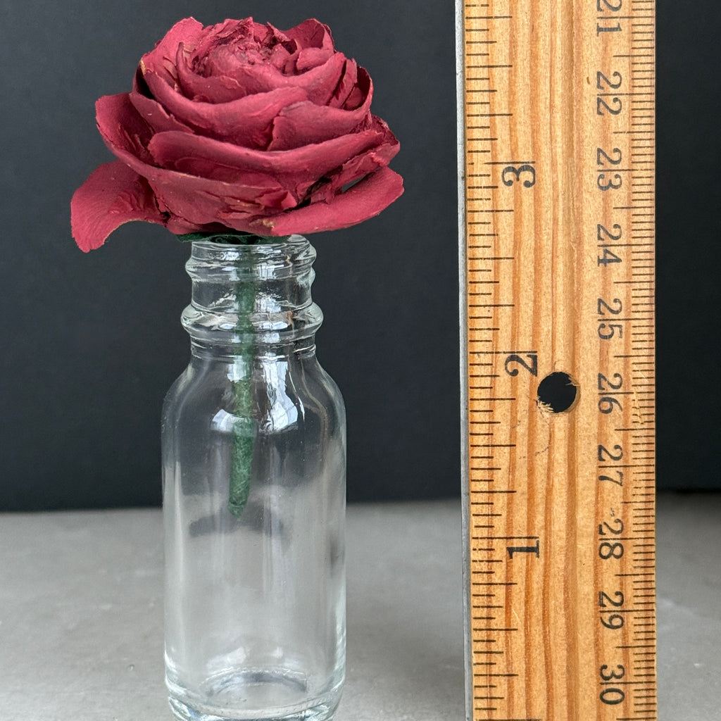 Cedar Rose in glass beside a ruler showing the finished piece is approximately 4 to 4.5 inches tall.
