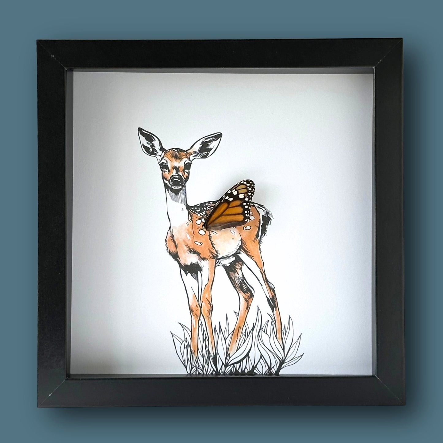 Forest Fawn Deer Framed Art with Real Butterfly Wing - Isms Butterfly Conservation ArtFramed Art