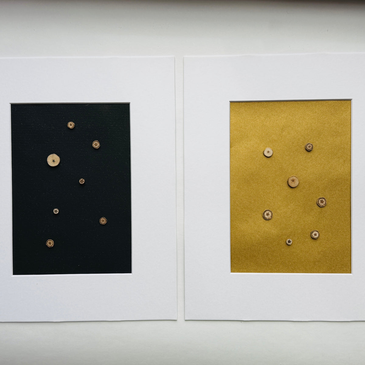 Black and gold Hidden Stars art examples shown with white mats for inspiration