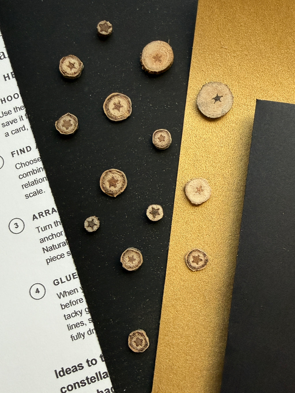 Hidden Stars art kit guide and constellation references shown with cottonwood stars and black and gold paper