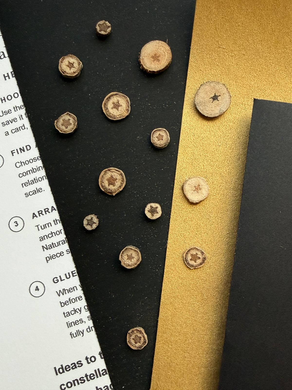 Hidden Stars art kit guide and constellation references shown with cottonwood stars and black and gold paper
