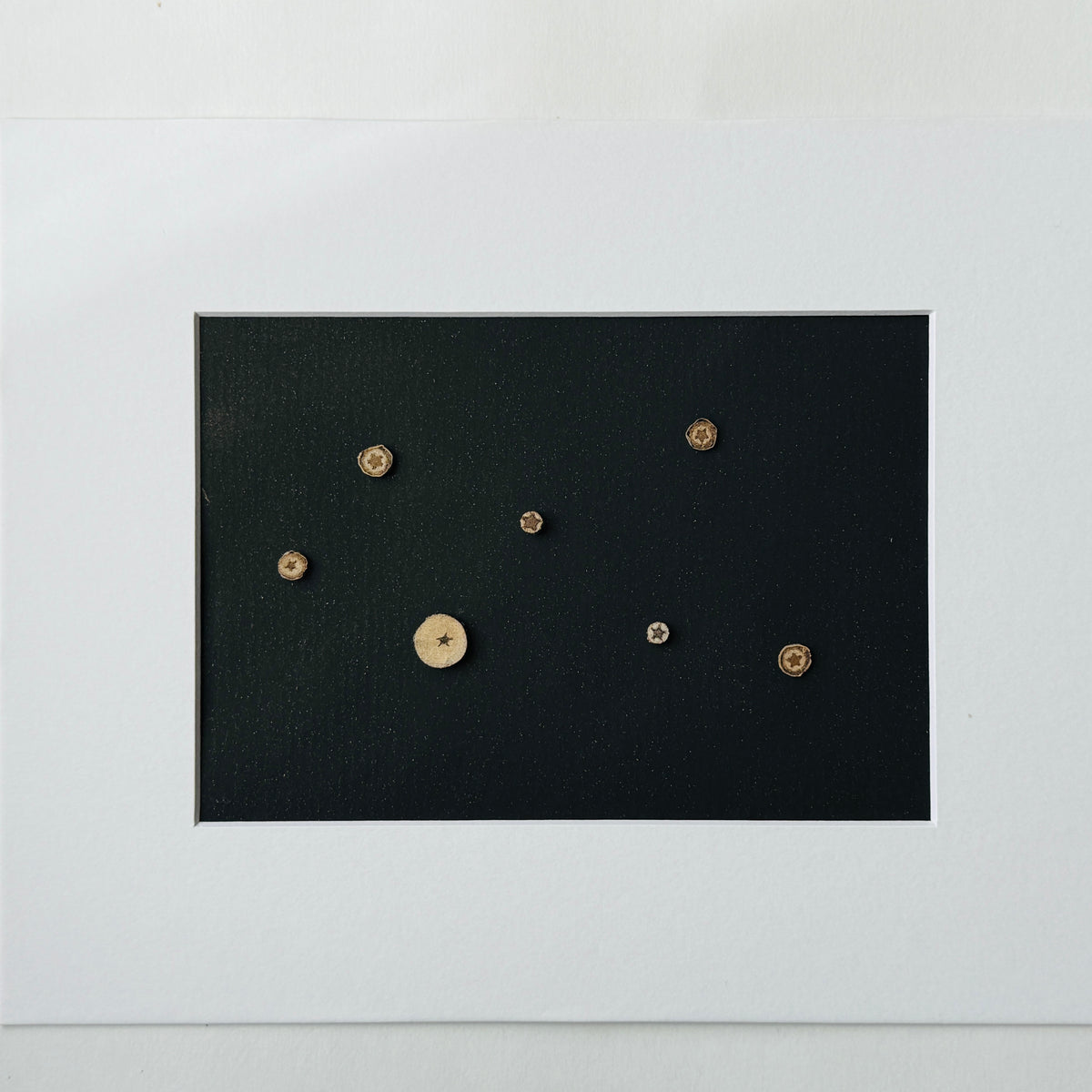 Naturally formed Hidden Stars arranged on black 5 by 7 art paper as constellation-inspired artwork