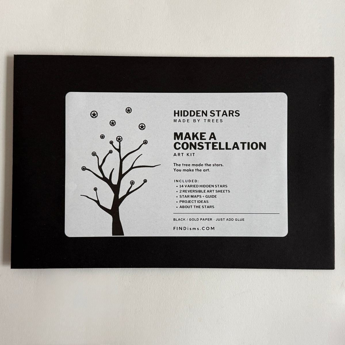 Black Make a Constellation Hidden Stars Art Kit package with white illustrated label
