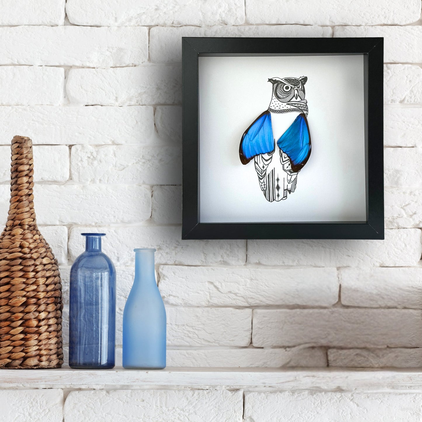 Horned Owl Framed Art with Real Butterfly Wings - Isms Butterfly Conservation ArtFramed Art