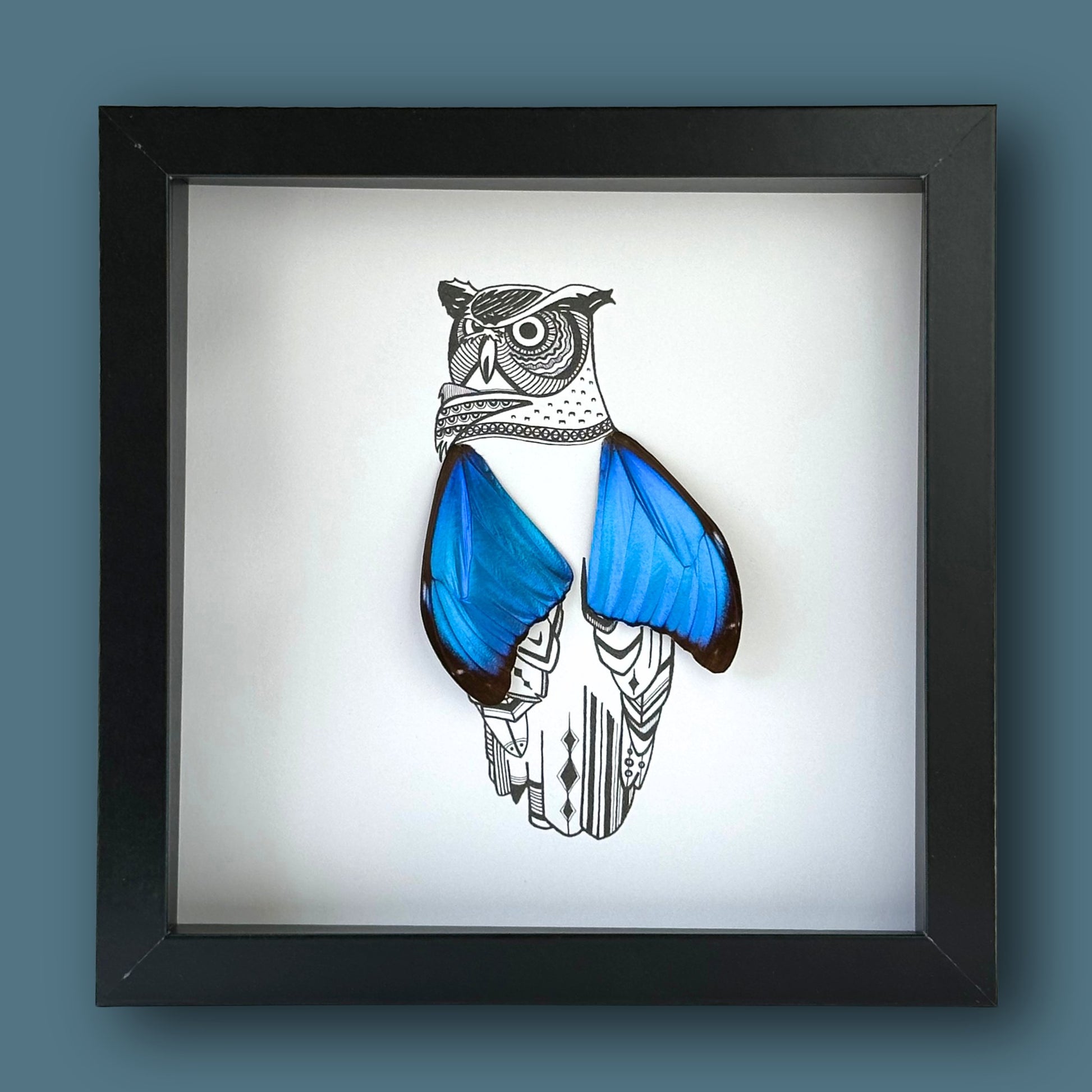 Horned Owl Framed Art with Real Butterfly Wings - Isms Butterfly Conservation ArtFramed Art