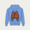 Carolina blue kids hoodie with conservation artist illustrated monarch butterfly wings on back flat lay view white background
