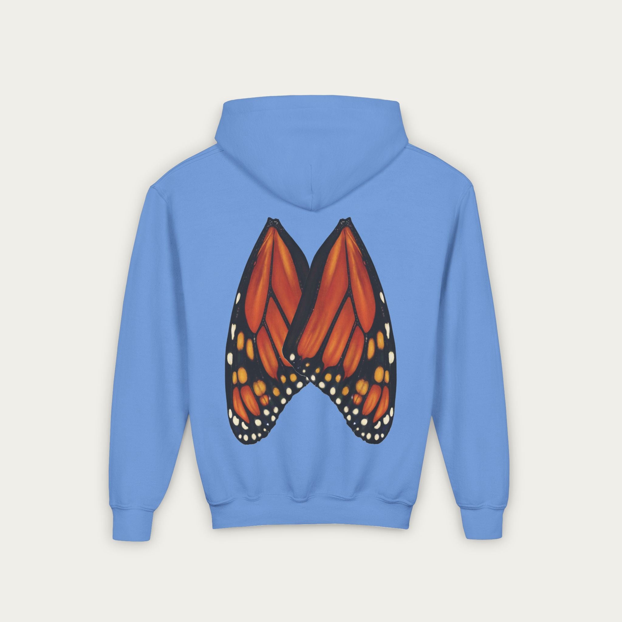 Carolina blue kids hoodie with conservation artist illustrated monarch butterfly wings on back flat lay view white background