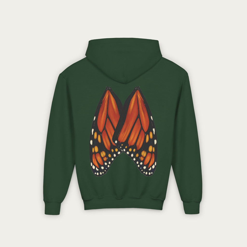 Green kids hoodie with mn artist illustrated monarch butterfly wings on back flat lay view on white background