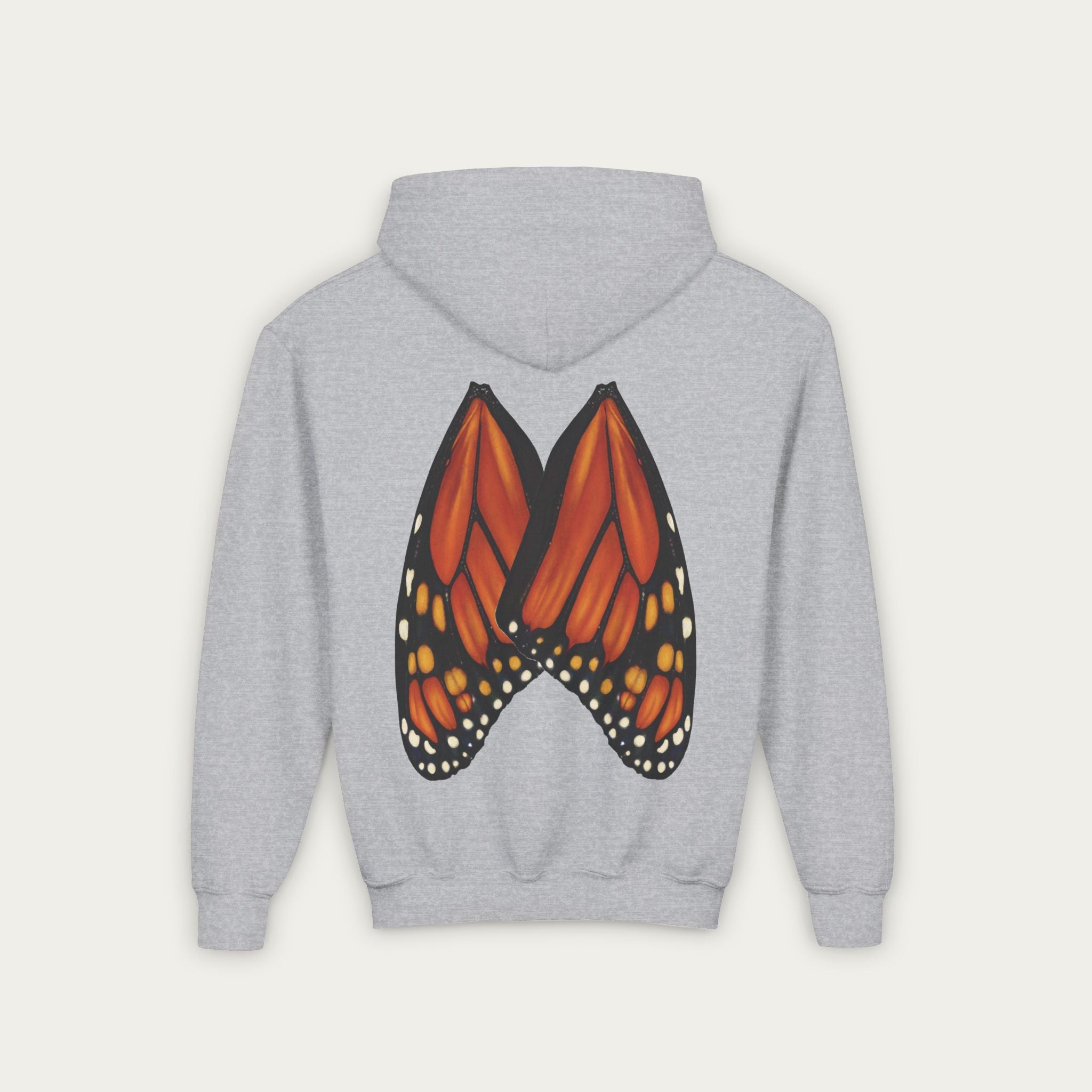 Lt grey kids hoodie with conservation artist illustrated monarch butterfly wings on back flat lay view white background