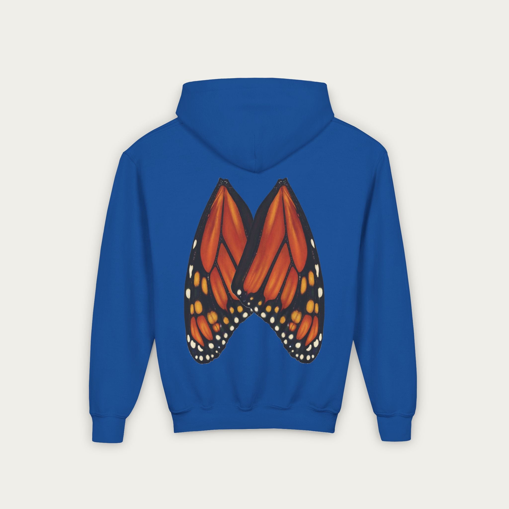 Royal blue kids hoodie with mn artist illustrated monarch butterfly wings on back flat lay view white background