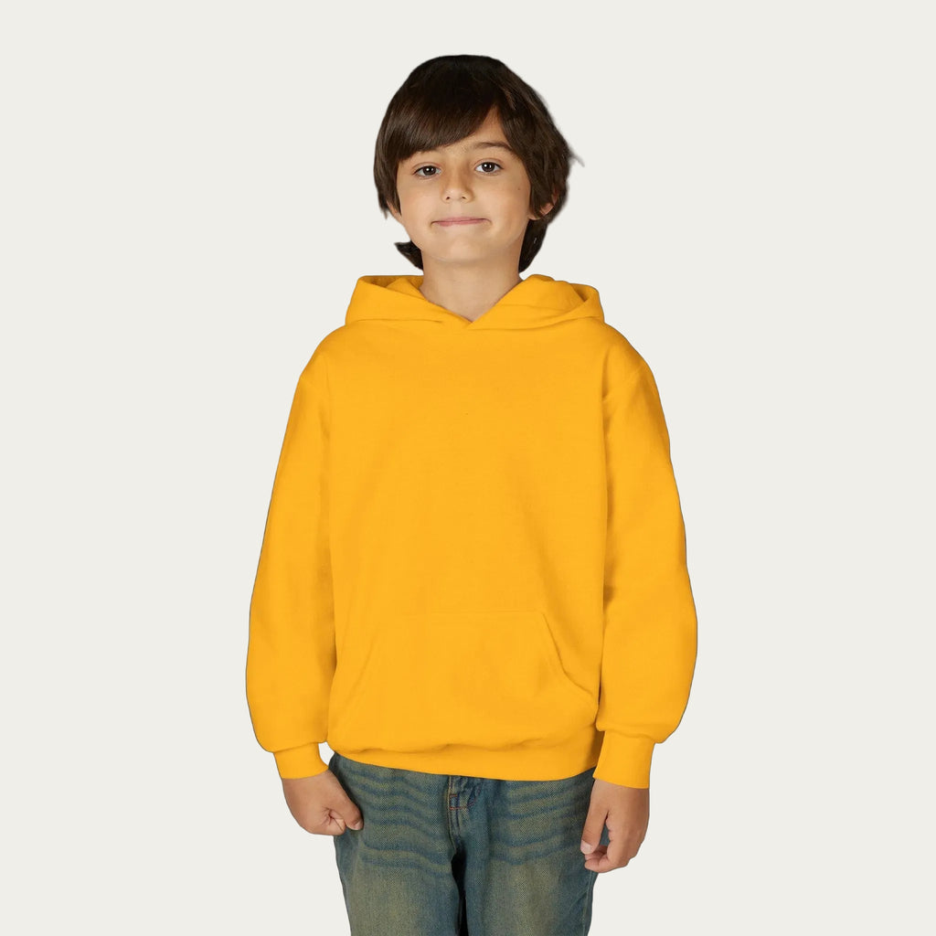 Bright golden yellow kids hoodie with Minnesota artist illustration not shown front view boy model white background