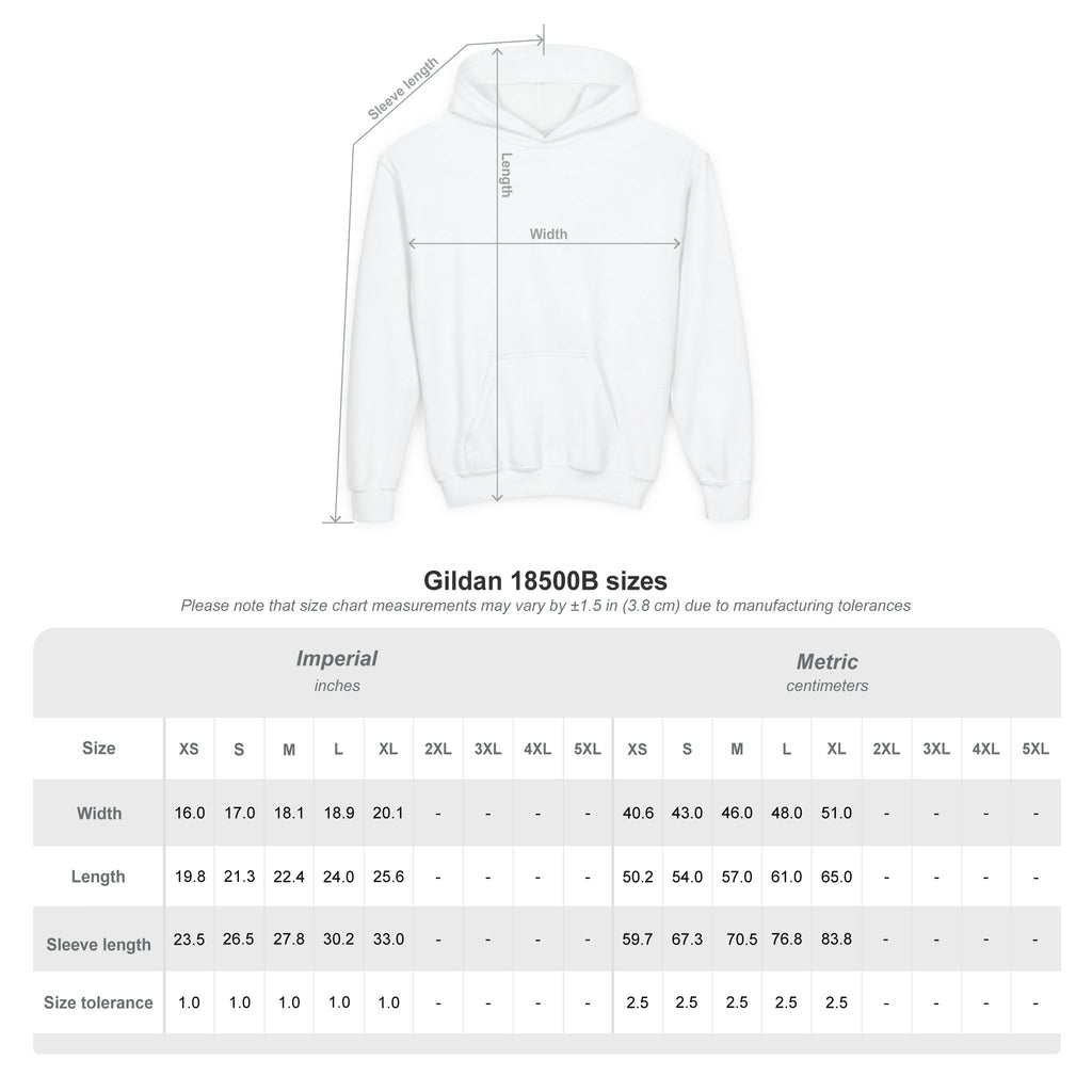 size chart for gild an 18500B series youth hoodie