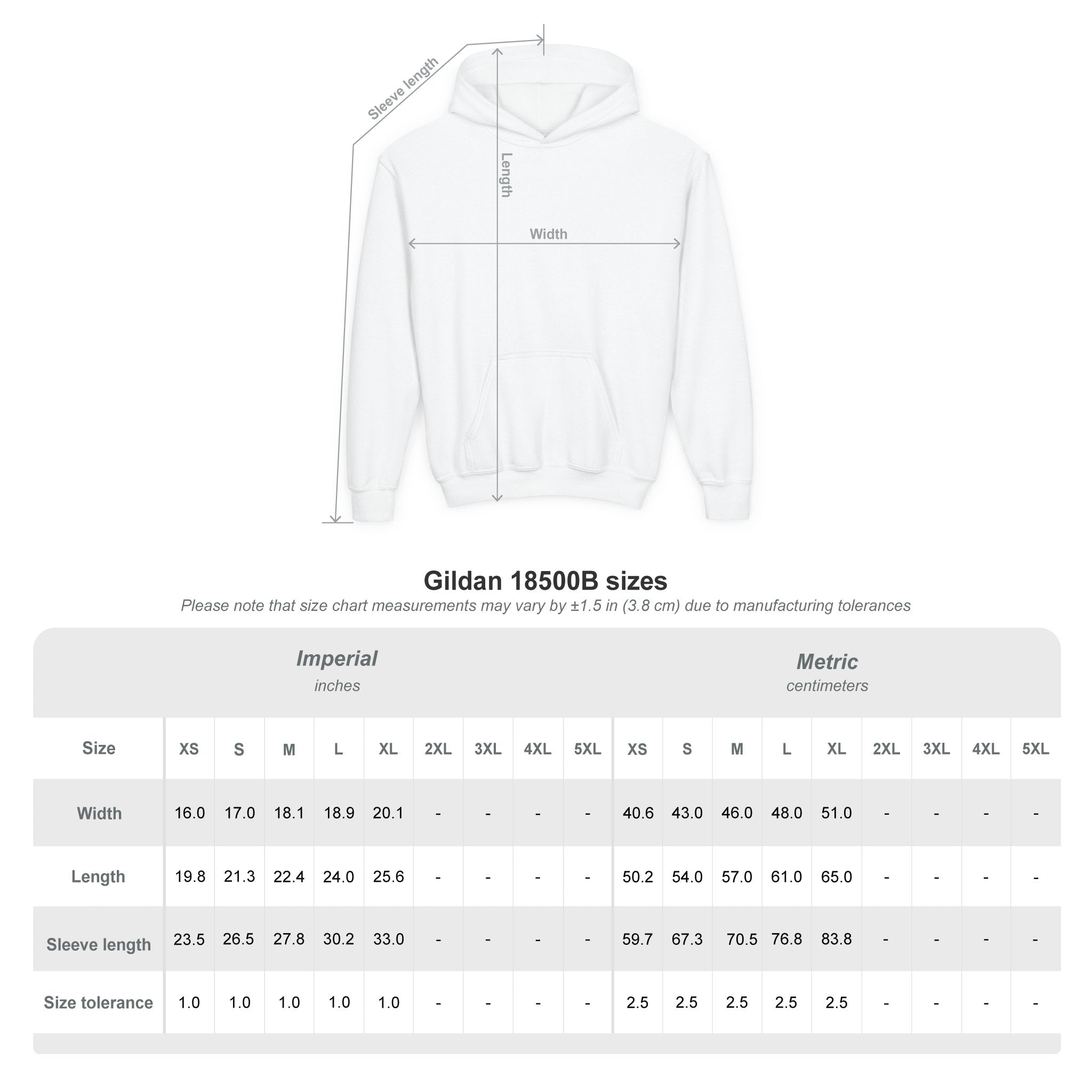 size chart for gild an 18500B series youth hoodie