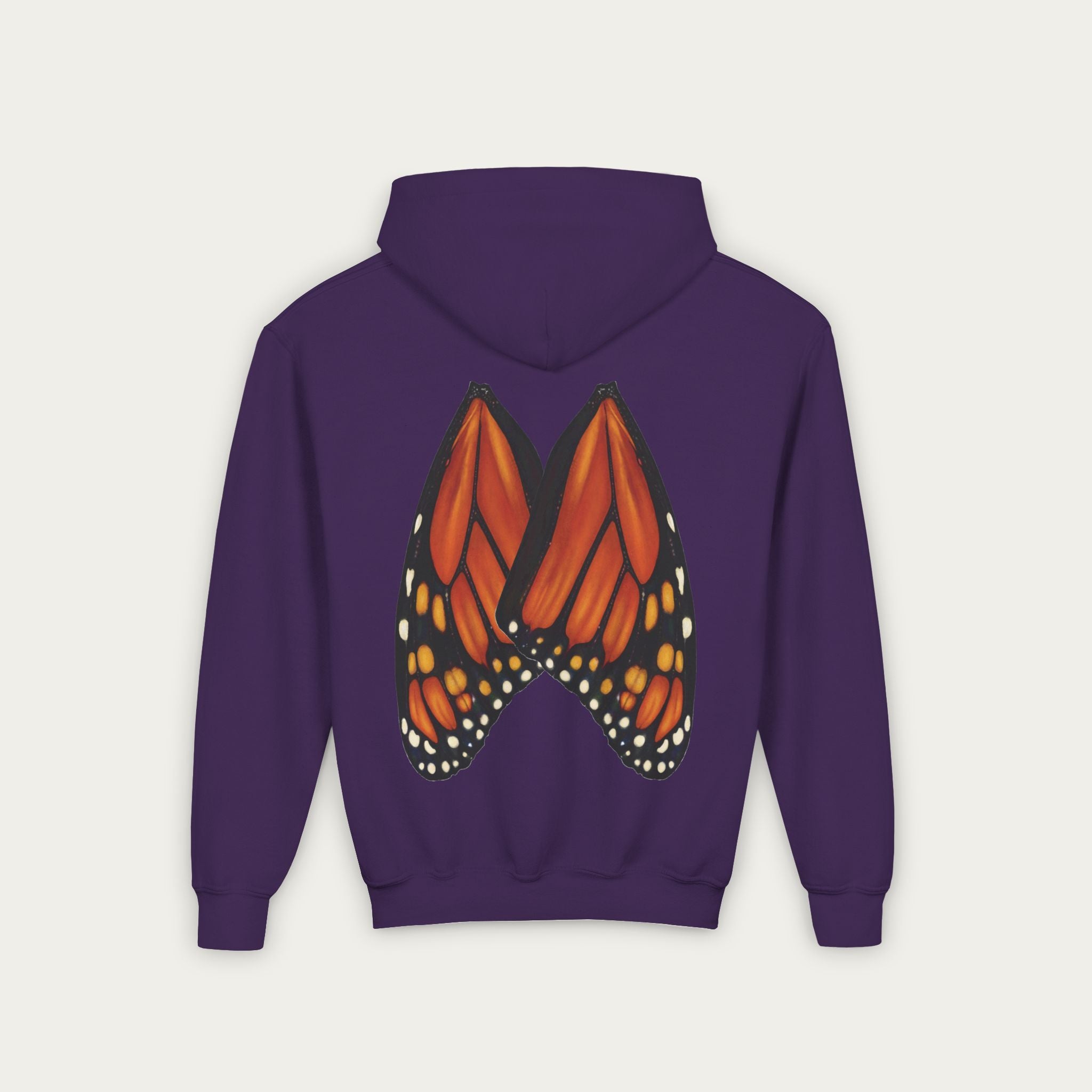 purple kids hoodie with conservation artist illustrated monarch butterfly wings on back flat lay view white background