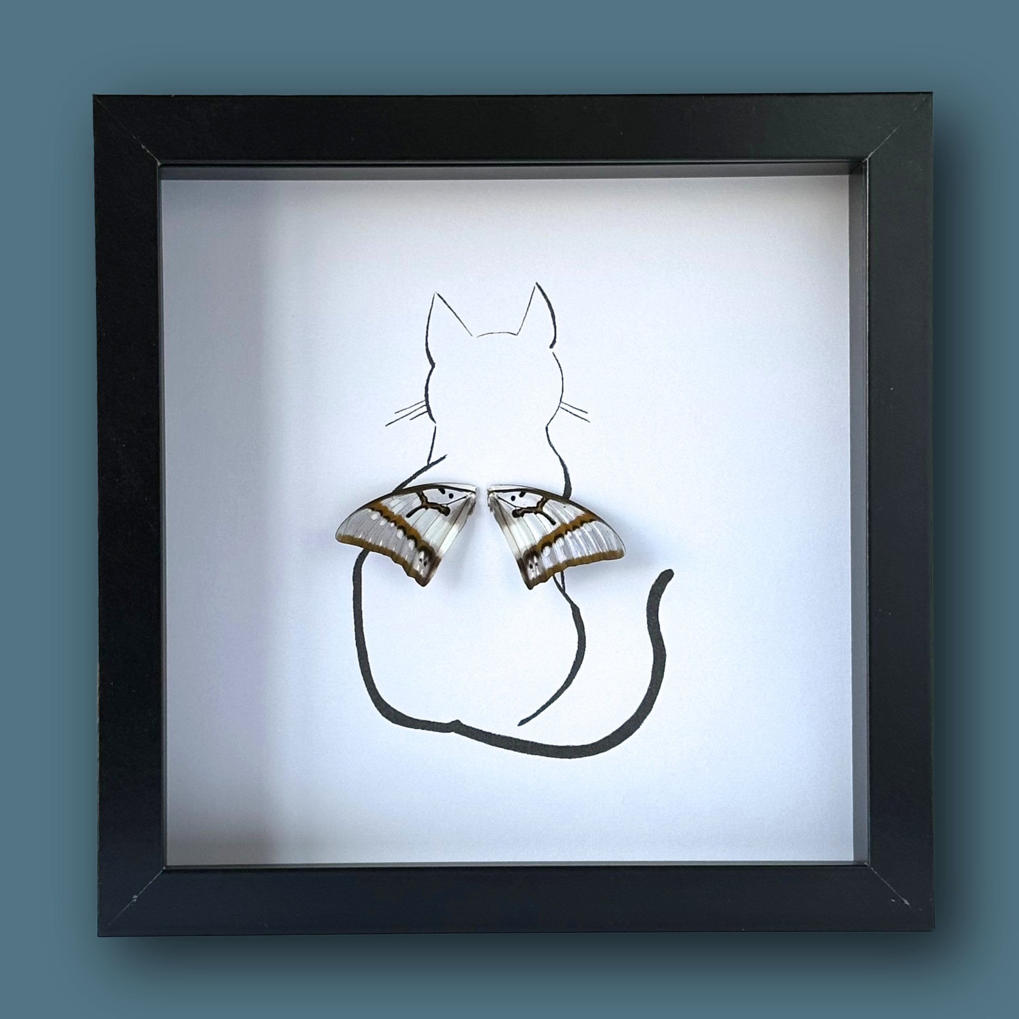 Kitty Sitting Pretty Cat Customized Framed Art with Real Butterfly Wing - Isms Butterfly Conservation ArtFramed Art