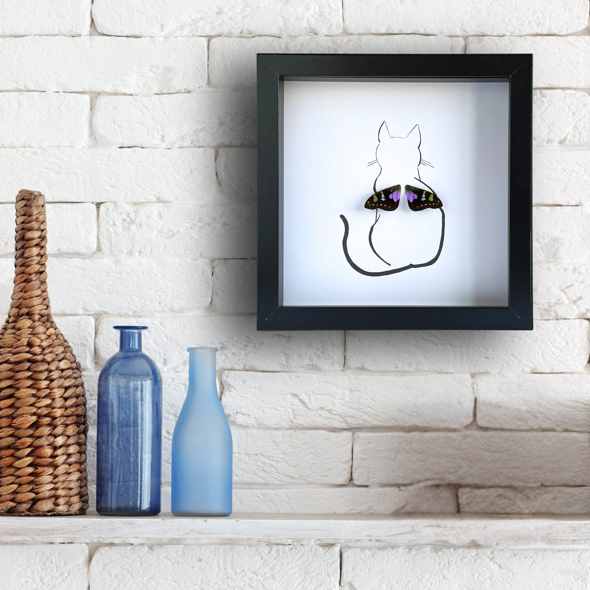 Kitty Sitting Pretty Cat Customized Framed Art with Real Butterfly Wing - Isms Butterfly Conservation ArtFramed Art