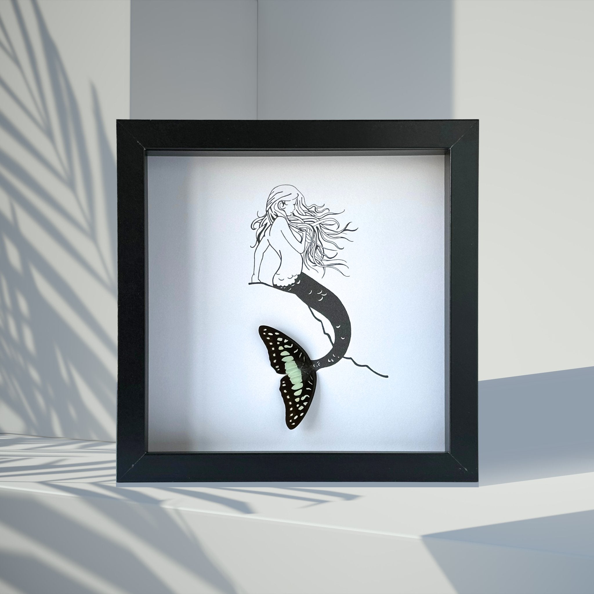 Mermaid on Rock Framed Art with Real Butterfly Wings - Isms Butterfly Conservation ArtFramed Art