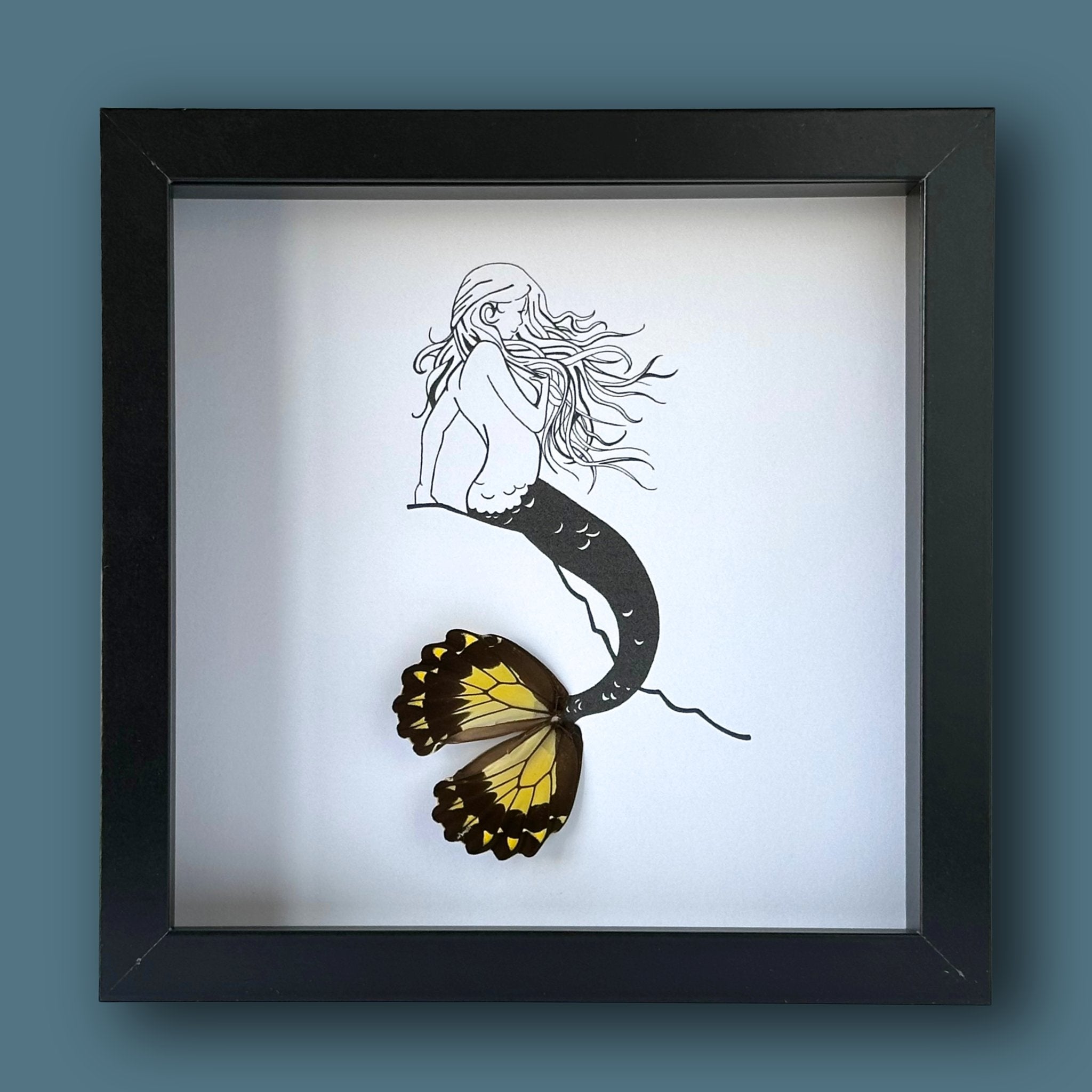 Mermaid on Rock Framed Art with Real Butterfly Wings - Isms Butterfly Conservation ArtFramed Art
