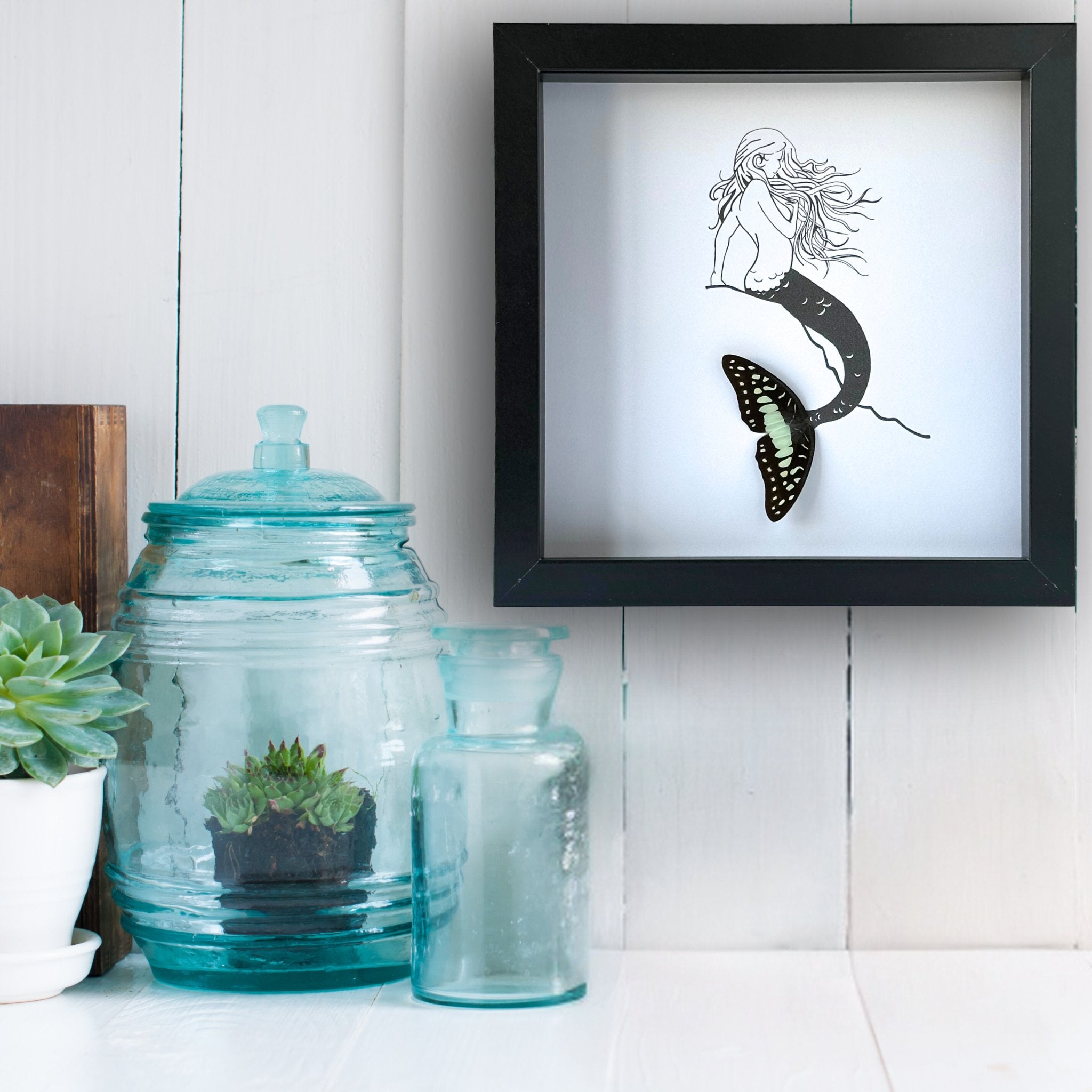 Mermaid on Rock Framed Art with Real Butterfly Wings - Isms Butterfly Conservation ArtFramed Art