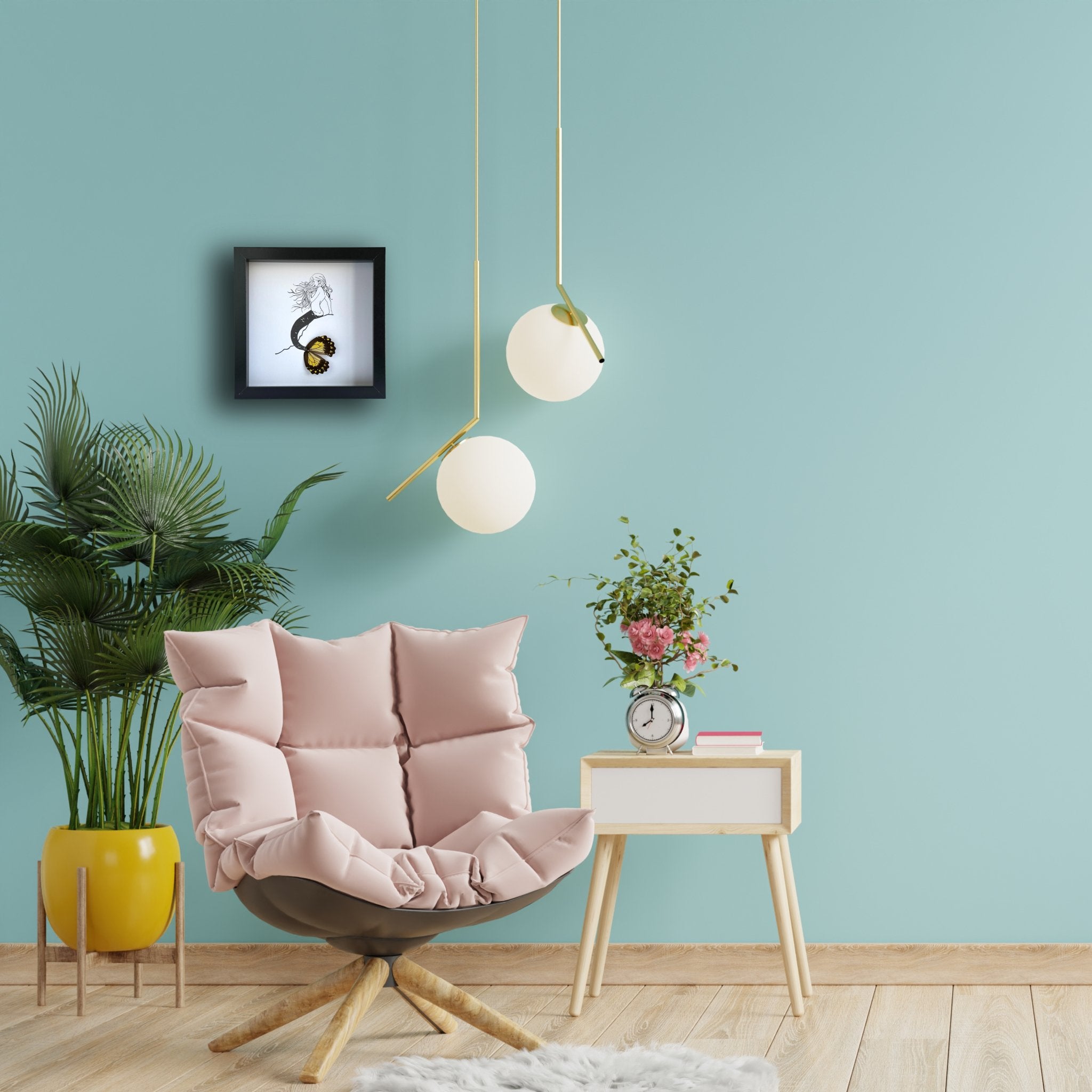 Mermaid on Rock Framed Art with Real Butterfly Wings - Isms Butterfly Conservation ArtFramed Art