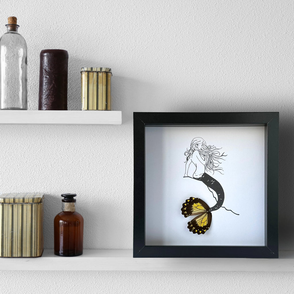 Mermaid on Rock Framed Art with Real Butterfly Wings - Isms Butterfly Conservation ArtFramed Art
