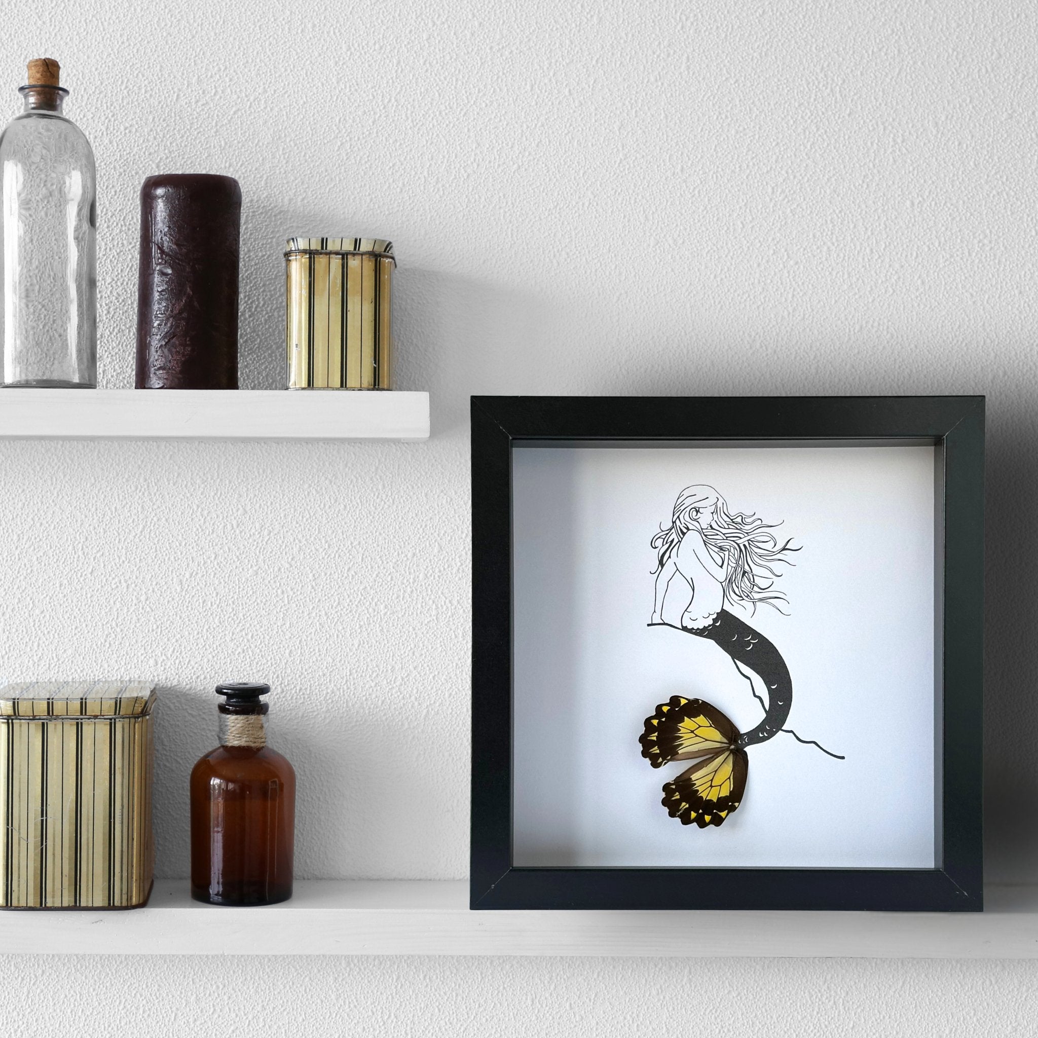 Mermaid on Rock Framed Art with Real Butterfly Wings - Isms Butterfly Conservation ArtFramed Art