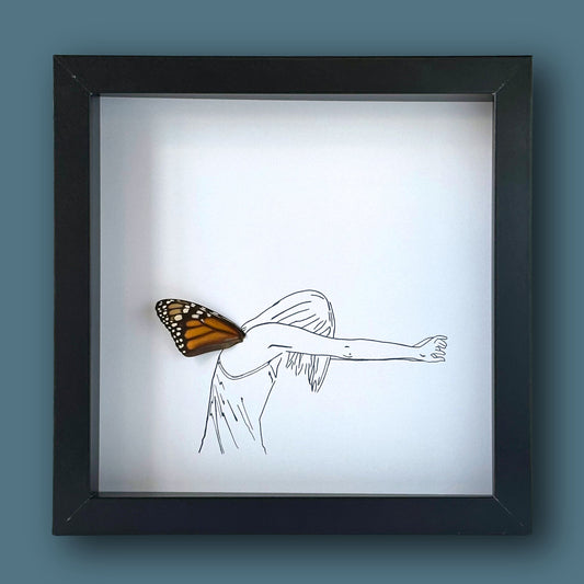 Reaching for Flight Framed Human Form Art with Real Butterfly Wing - Isms Butterfly Conservation ArtFramed Art