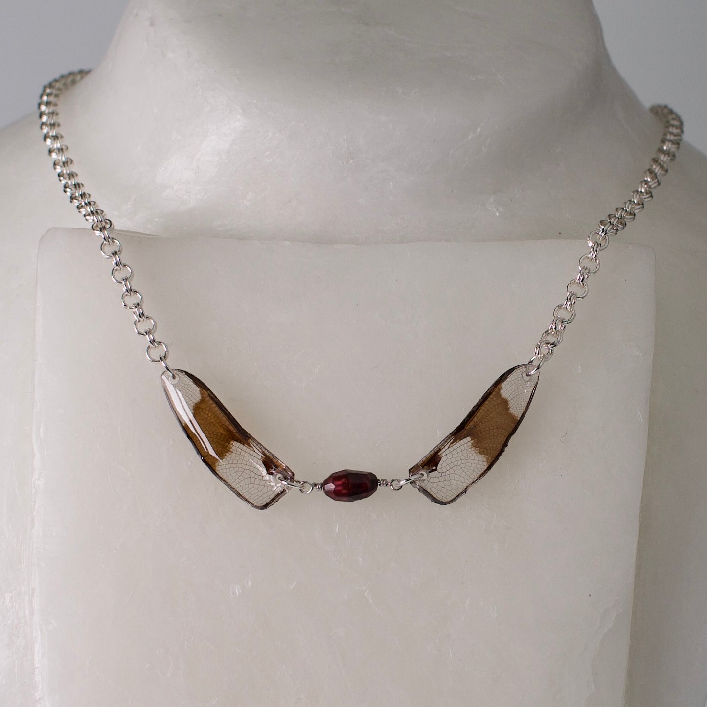 real Dragonfly wing necklace faceted red pearl silver double link chain on wax form
