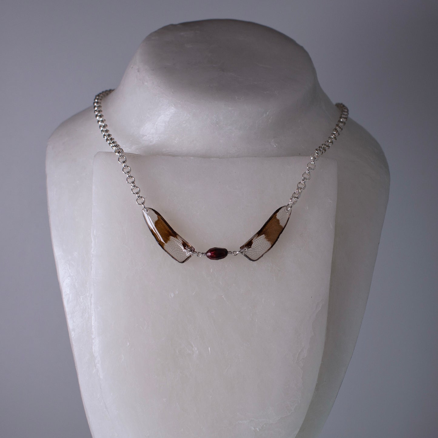 real Eight Spotted Skimmer Dragonfly wing necklace faceted pearl silver on wax form