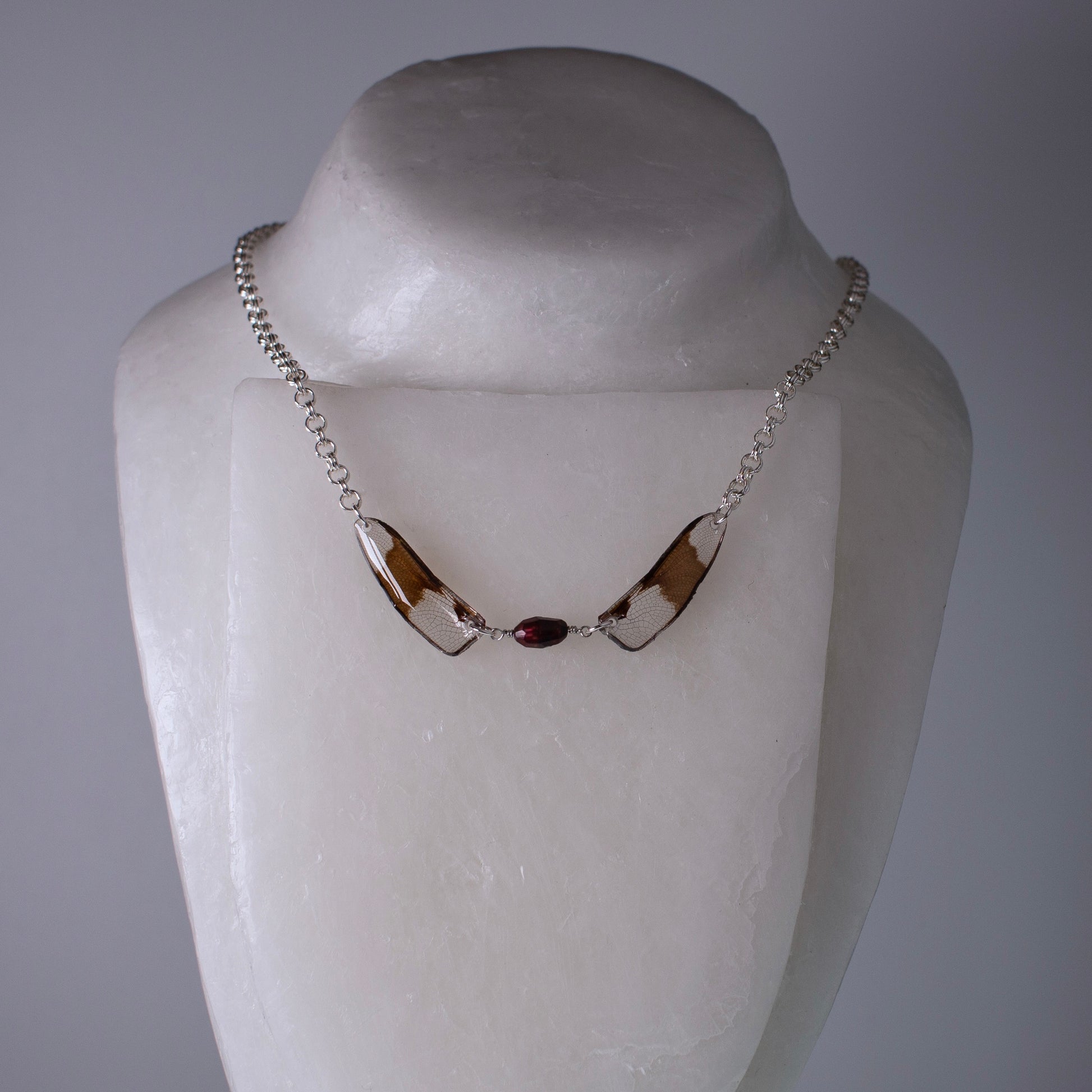 real Eight Spotted Skimmer Dragonfly wing necklace faceted pearl silver on wax form