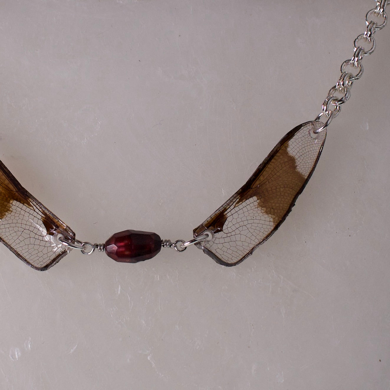 real Eight Spotted Skimmer Dragonfly wing necklace faceted pearl silver close up wax background
