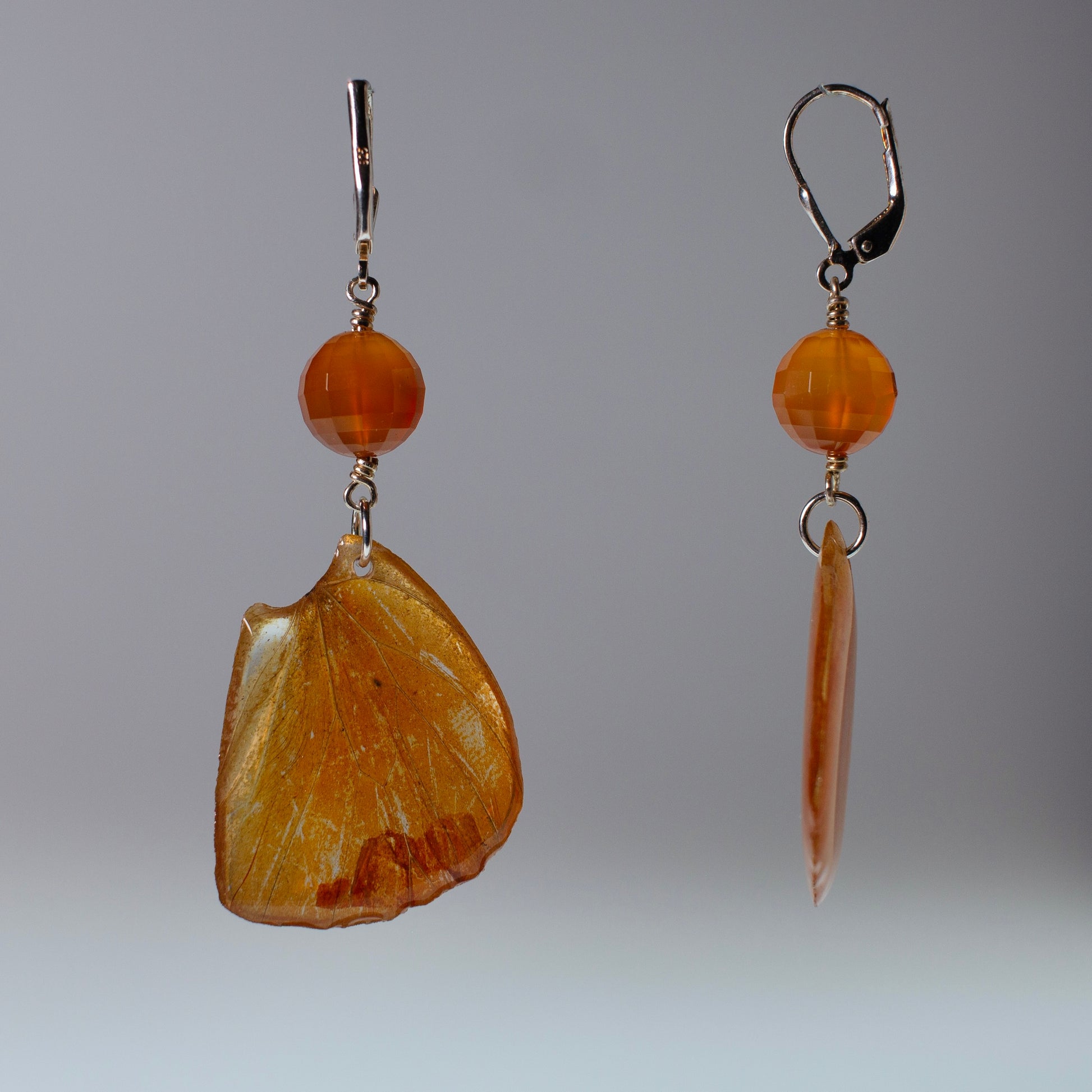 real butterfly earrings Appias nero orange butterflies silver locking earring carnelian side view