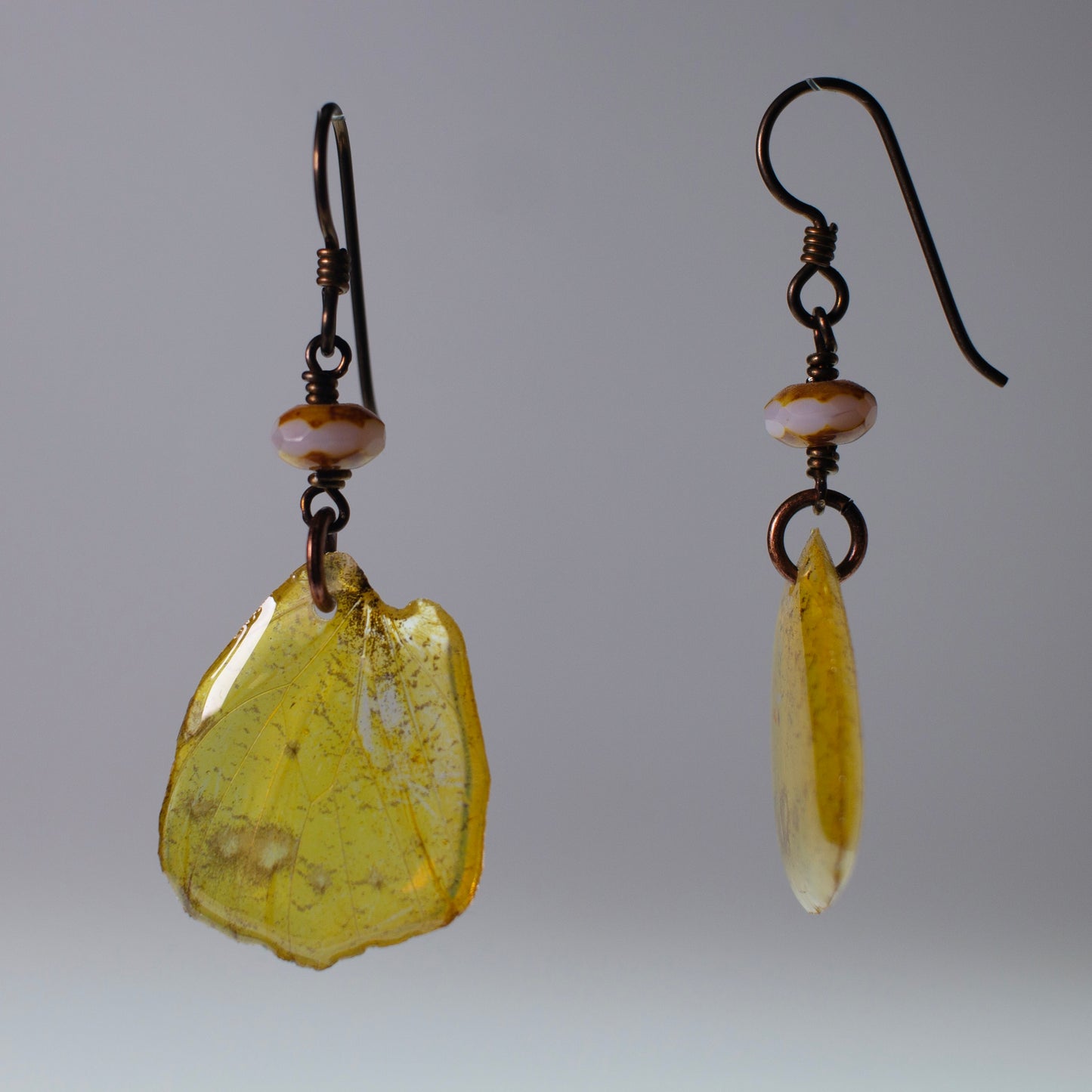 real butterfly earrings Grass Yellow Butterflies Czech Glass Copper Niobium French wire earring