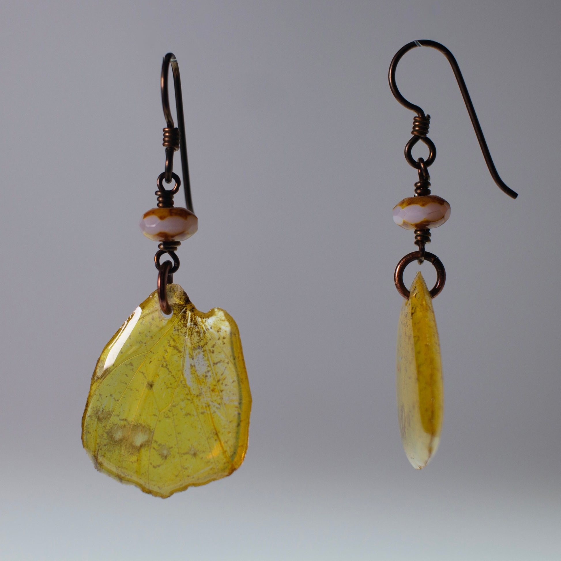 real butterfly earrings Grass Yellow Butterflies Czech Glass Copper Niobium French wire earring