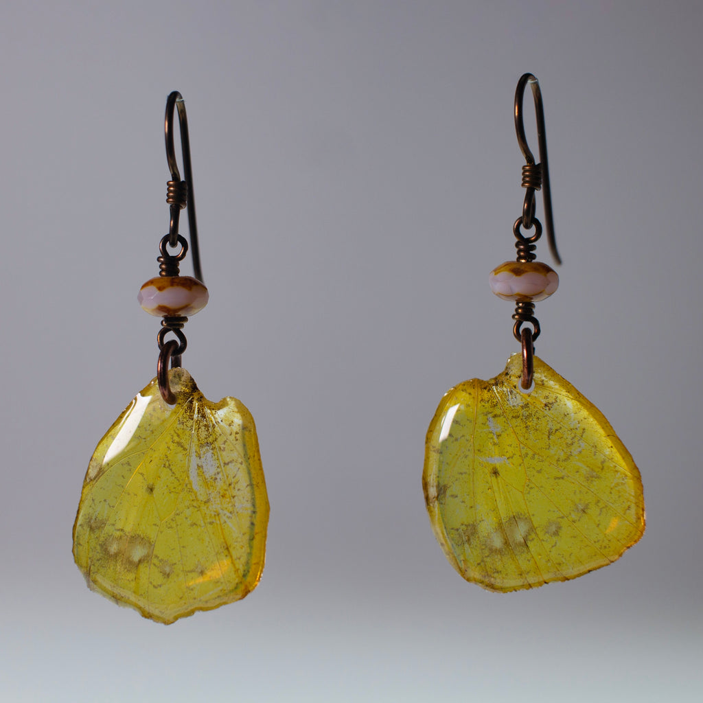 real butterfly earrings Grass Yellow Czech Glass Copper Niobium French wire earring