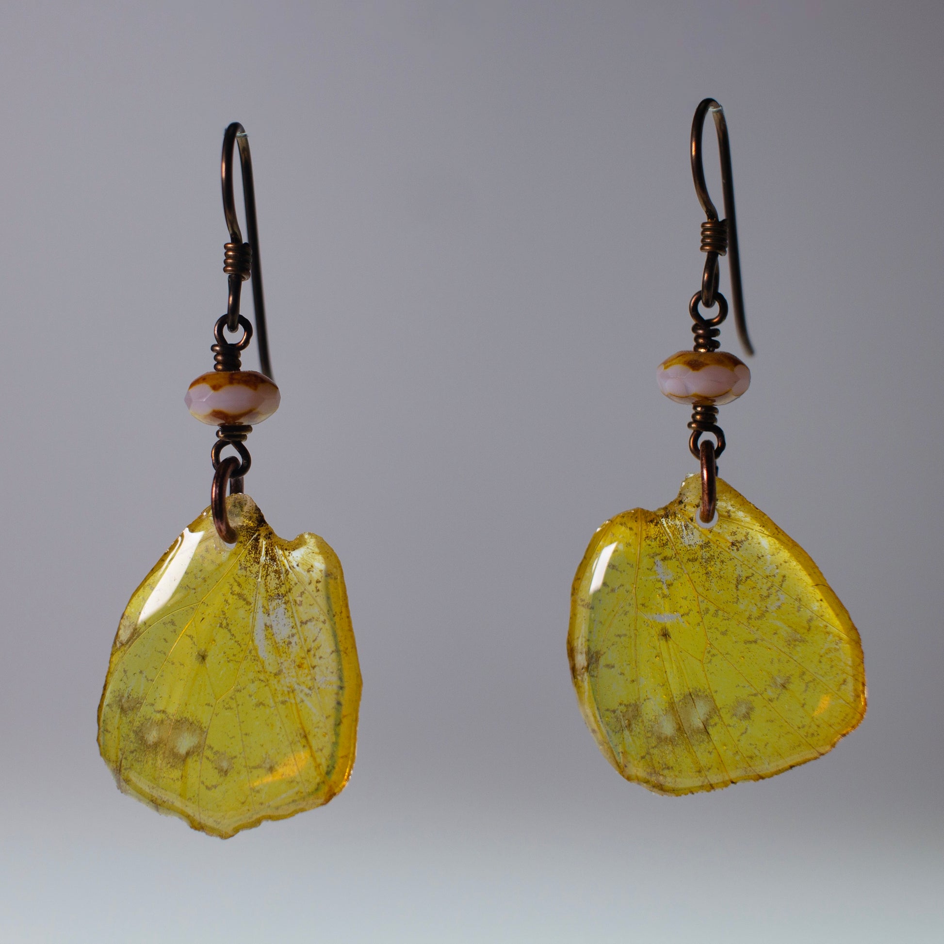 real butterfly earrings Grass Yellow Czech Glass Copper Niobium French wire earring