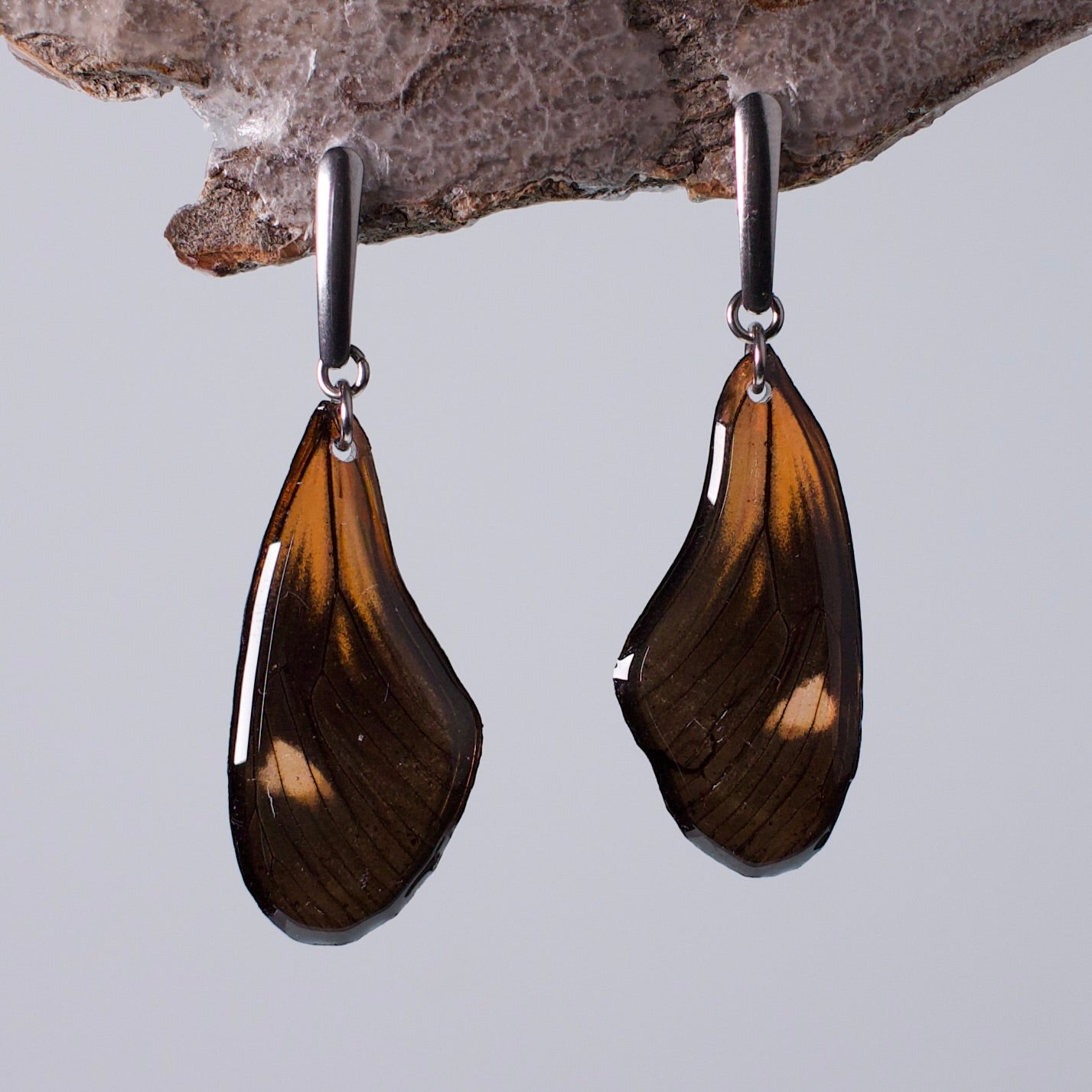 real butterfly earrings red black butterflies hypoallergenic surgical steel long posts on wood stand