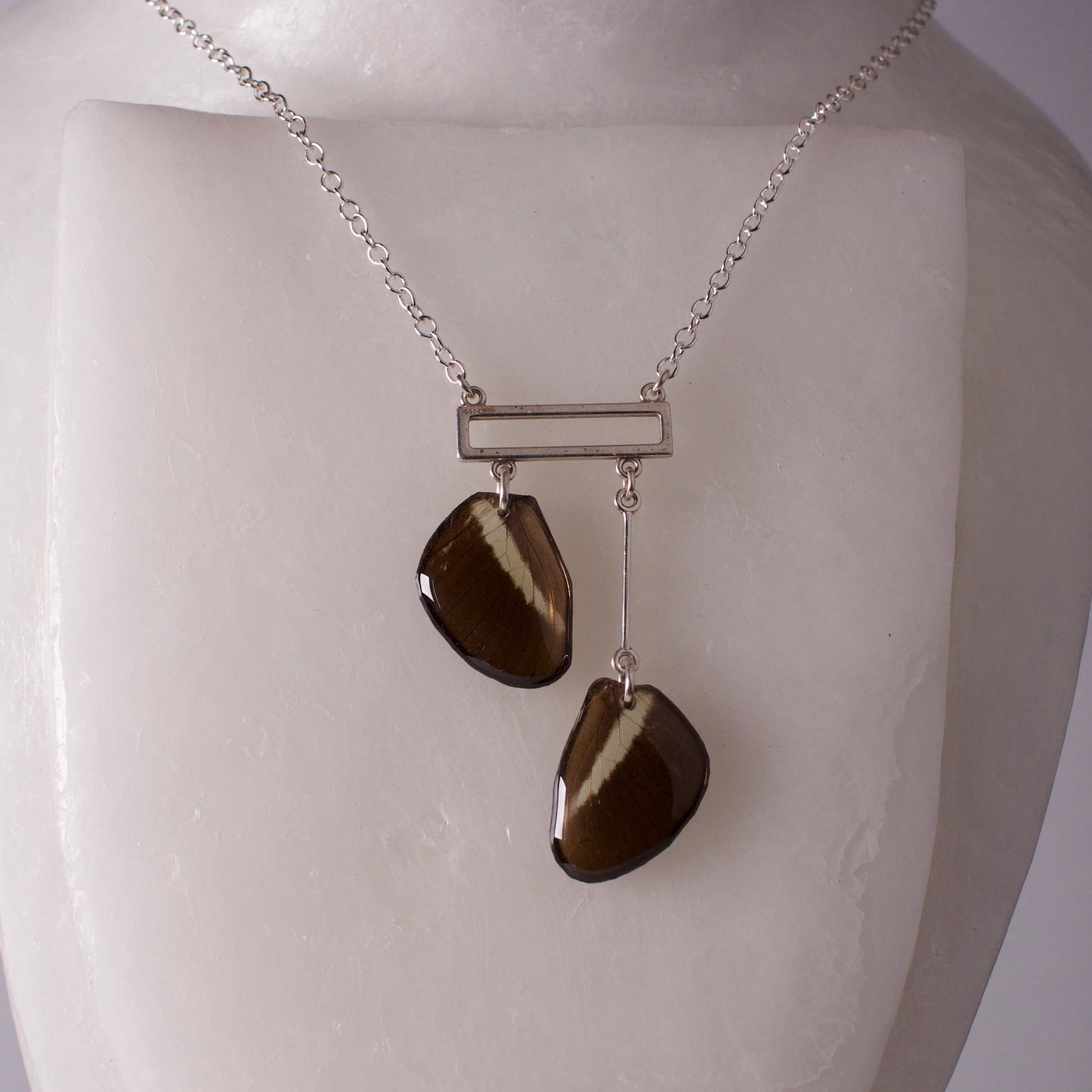 real butterfly necklace silver rectangle Heliconius butterflies sterling silver chain on mannequin