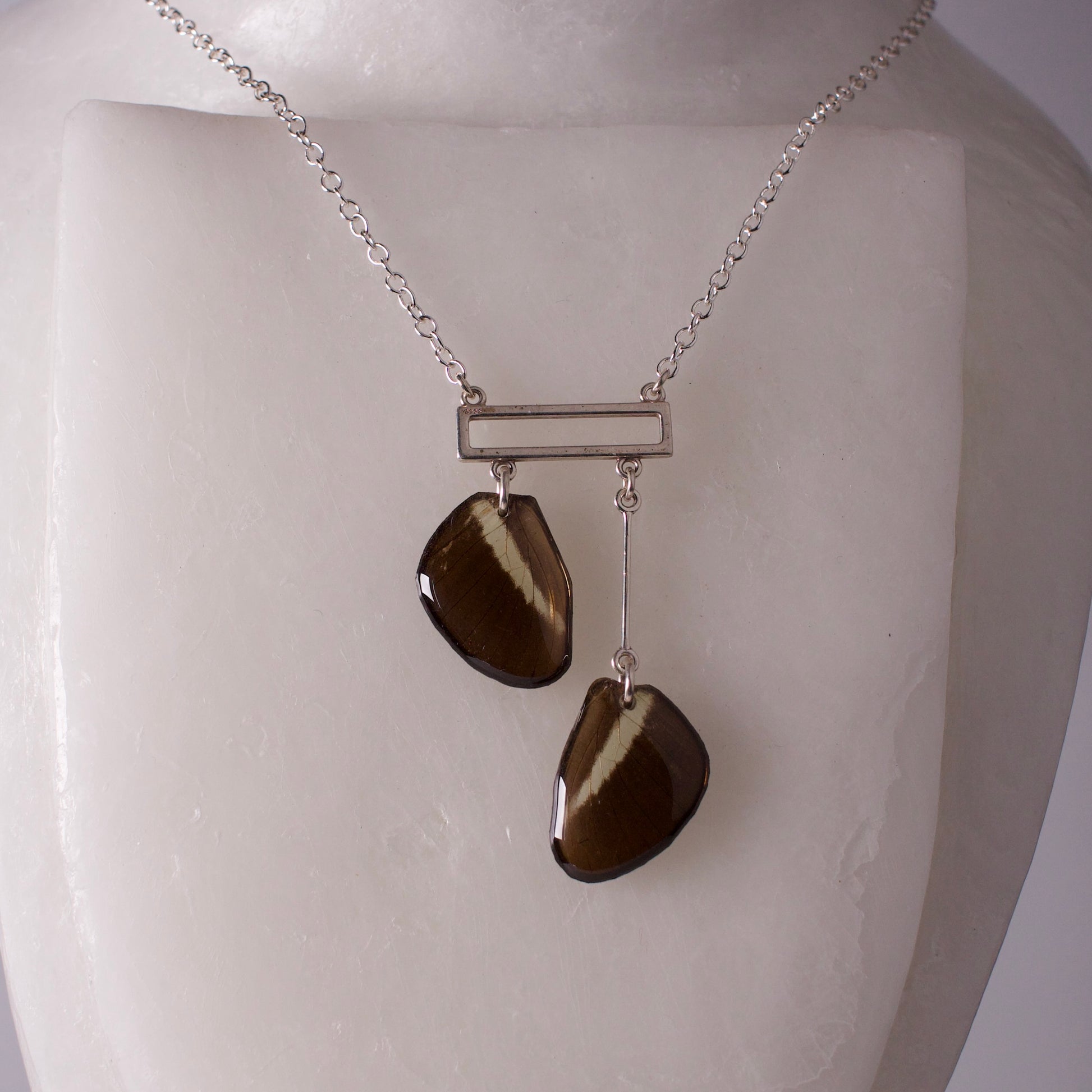 real butterfly necklace silver rectangle Heliconius butterflies sterling silver chain on mannequin