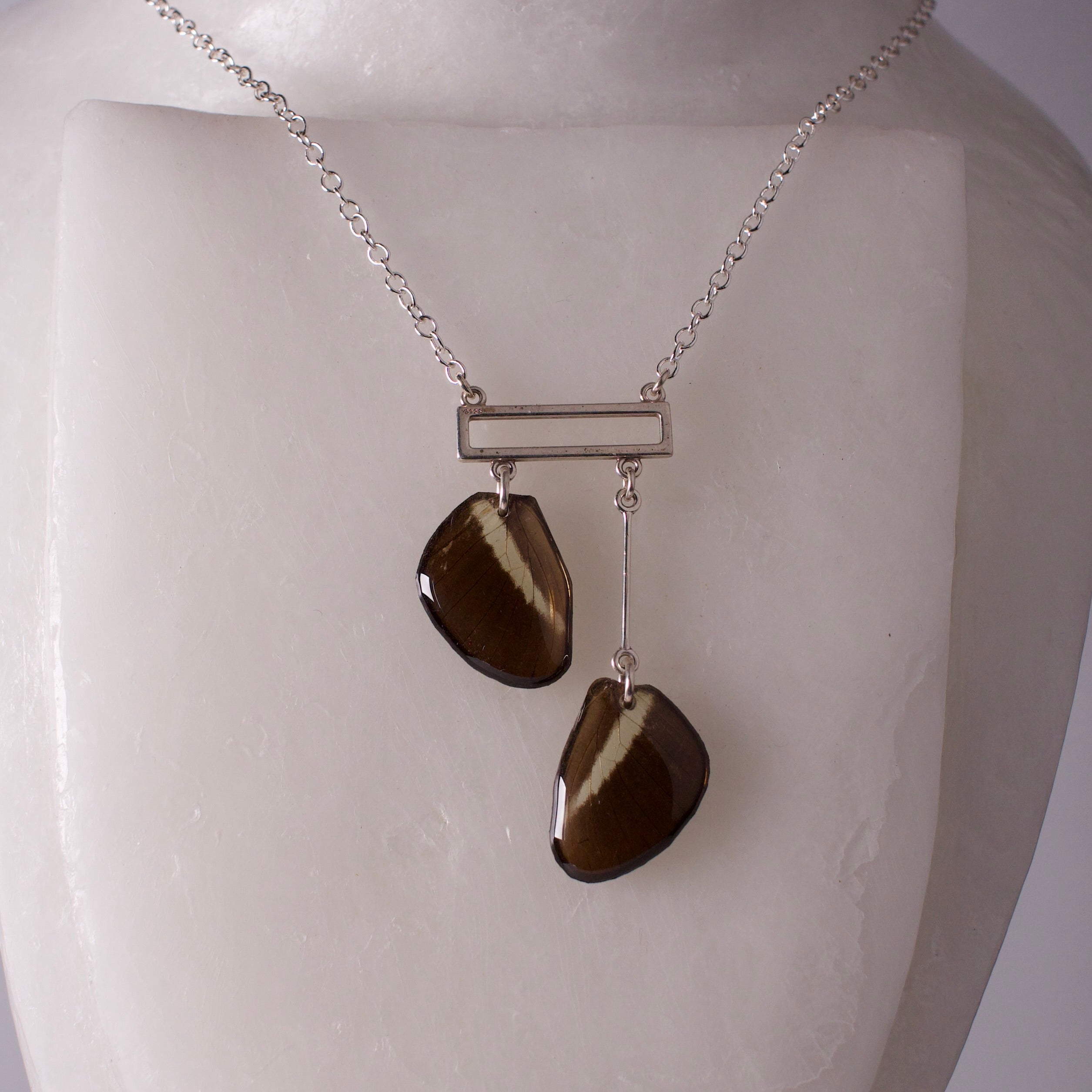 real butterfly necklace silver rectangle Heliconius butterflies sterling silver chain on mannequin