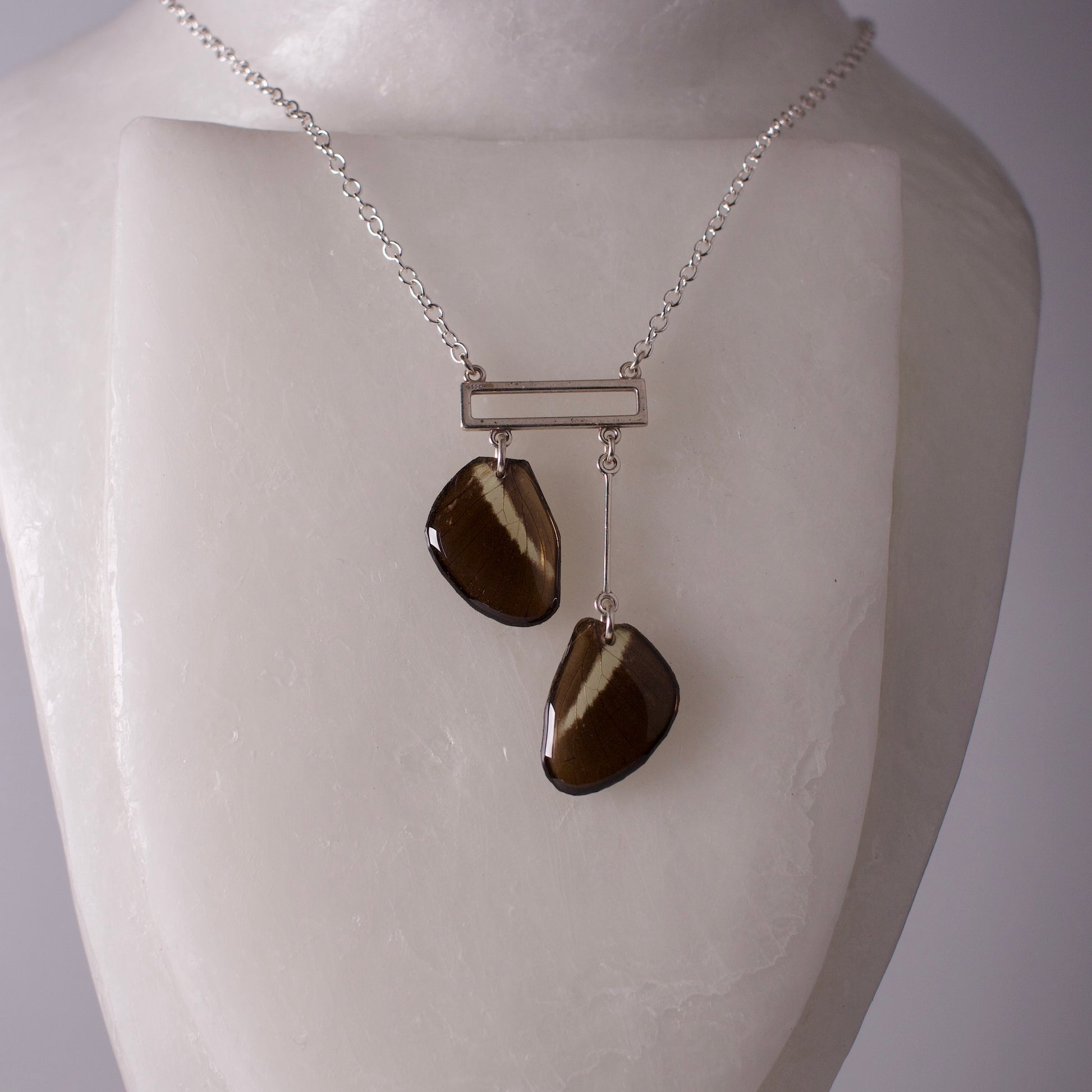 real butterfly necklace silver rectangle Heliconius butterflies sterling silver chain necklace on wax form