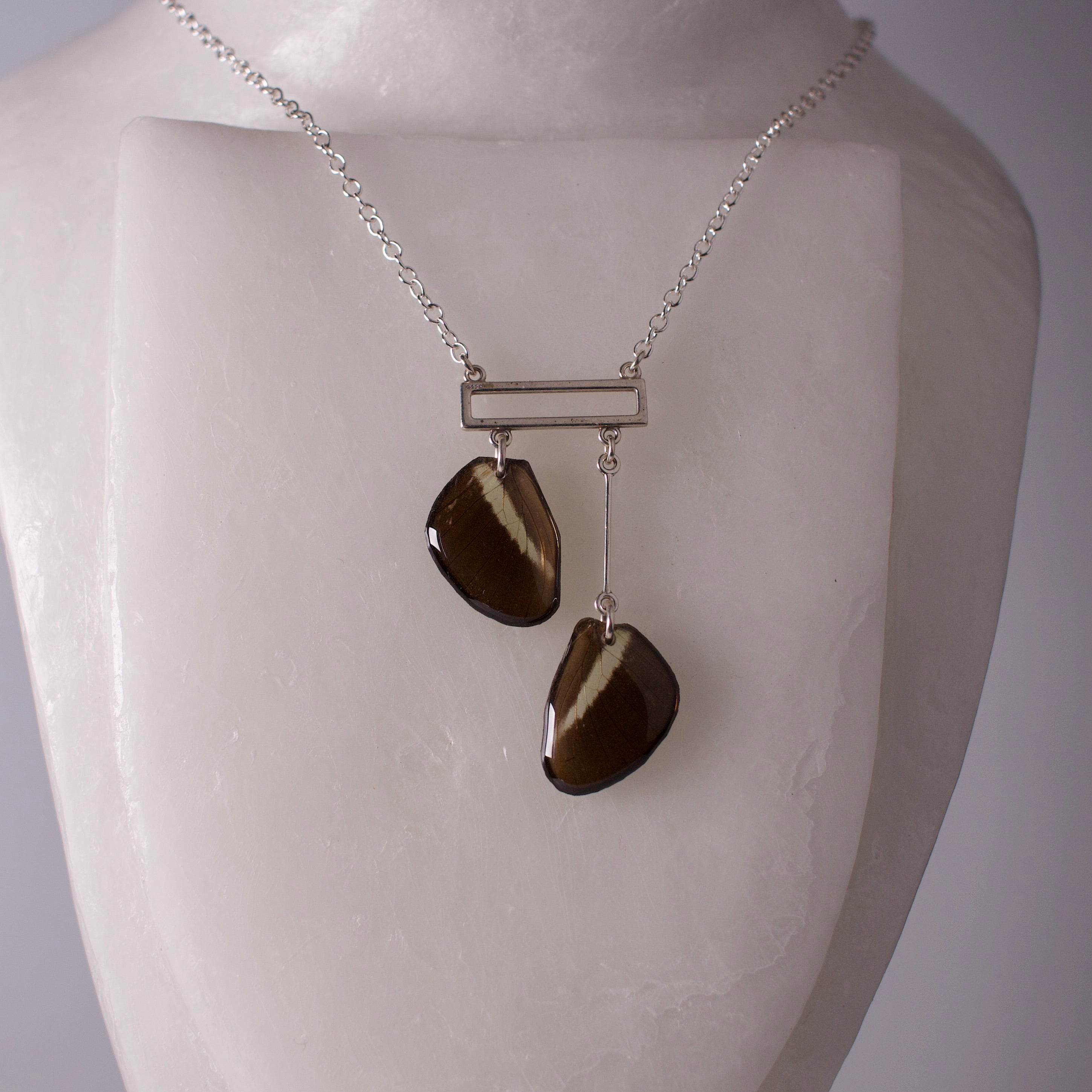 real butterfly necklace silver rectangle Heliconius butterflies sterling silver chain necklace on wax form