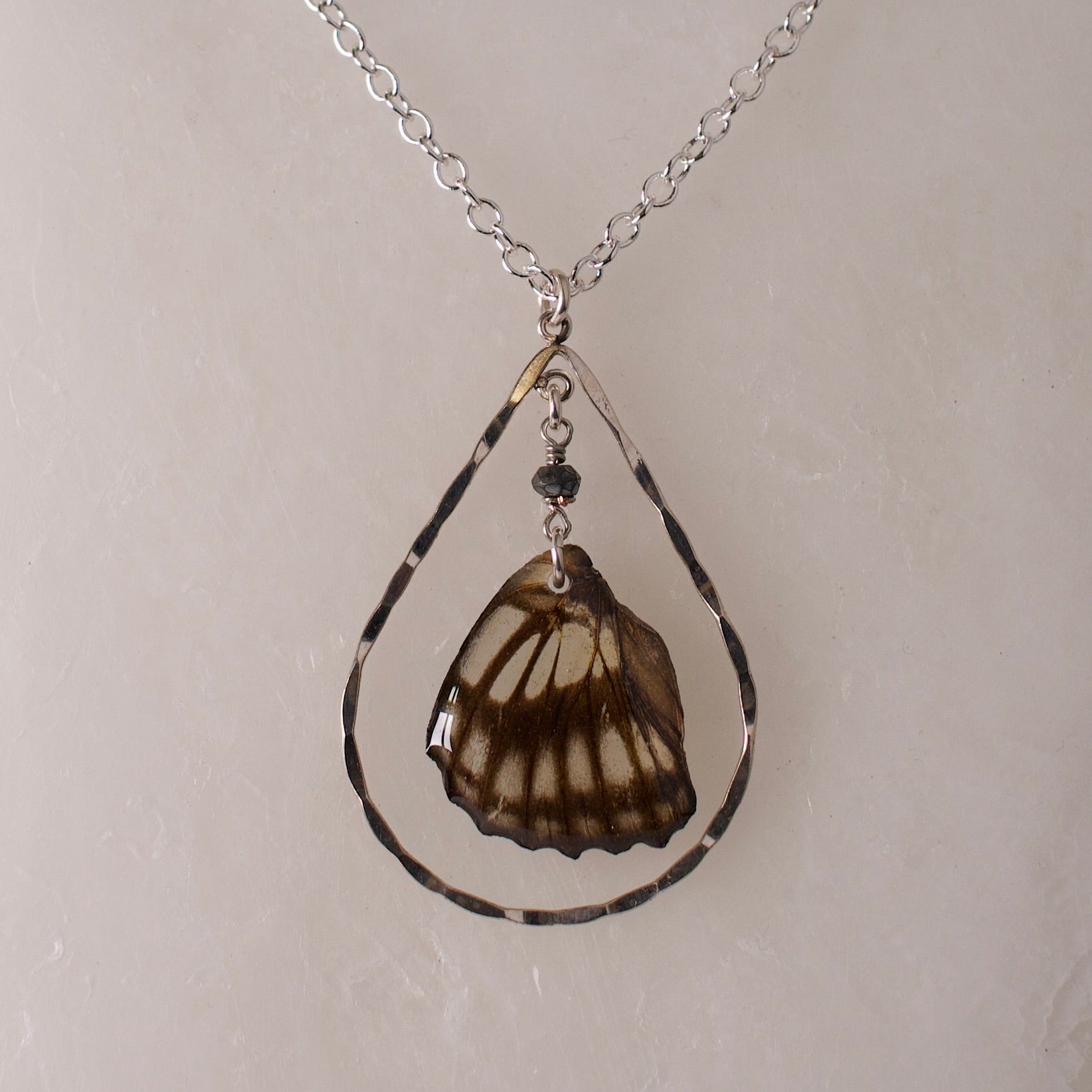 real butterfly pendant common sailor butterflies hematite sterling silver teardrop silver necklace close up