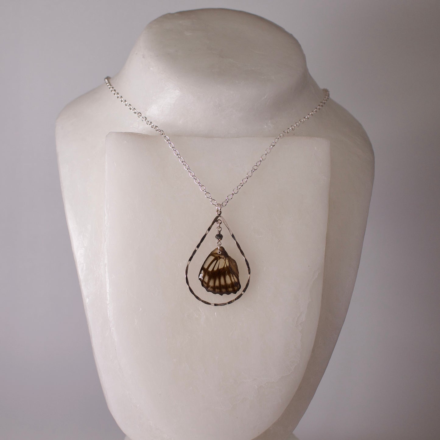 real butterfly pendant spotted striped butterflies hematite sterling silver teardrop silver necklace on form