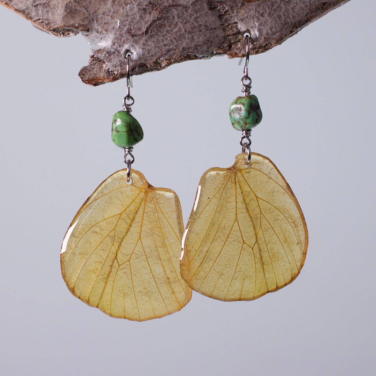 real butterfly wing earrings great orange tip butterflies gaspeite surgical steel French wire earring on wood stand