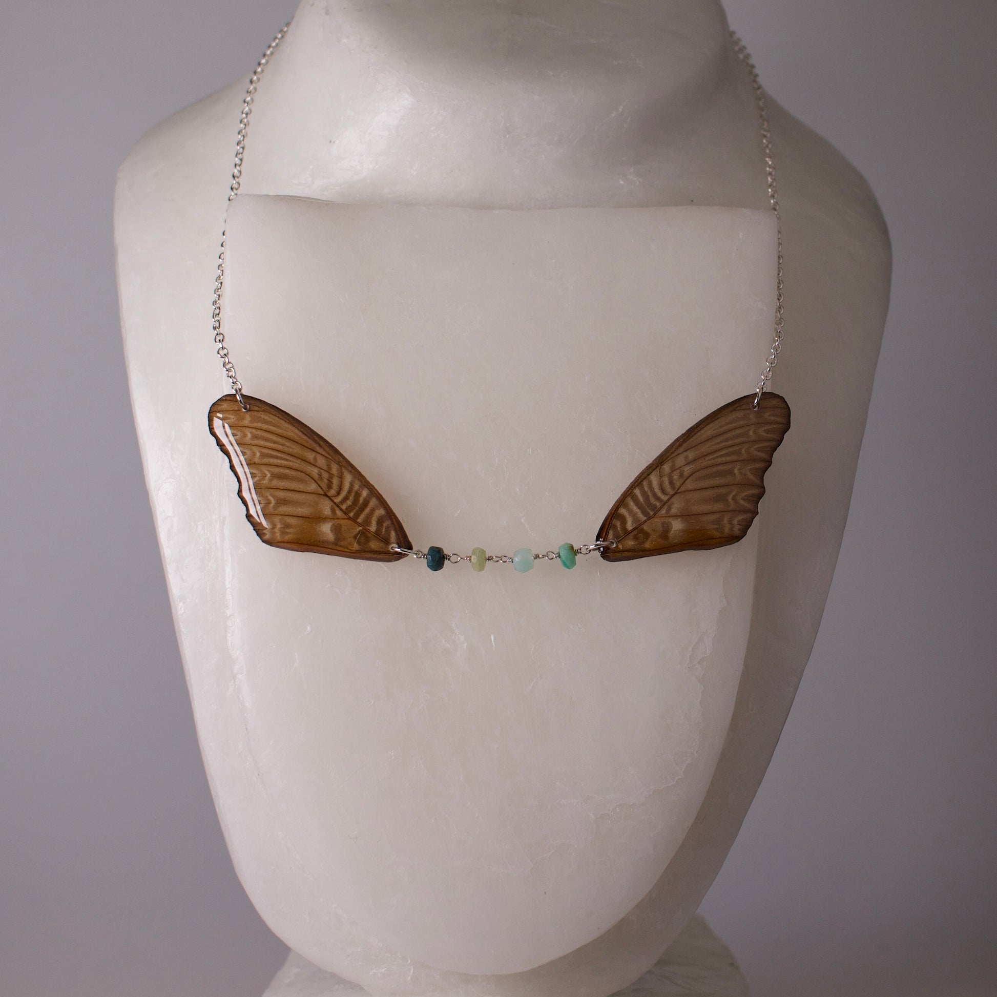 real butterfly wing necklace Violet lacewing Cethosia myrina Peruvian blue opal silver on mannequin