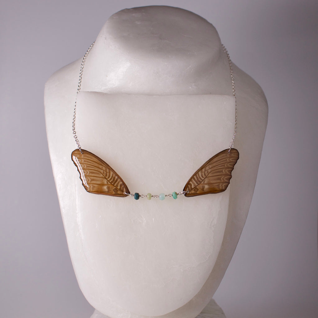 real butterfly wing necklace Violet lacewing Cethosia myrina Peruvian blue opal silver chain on mannequin