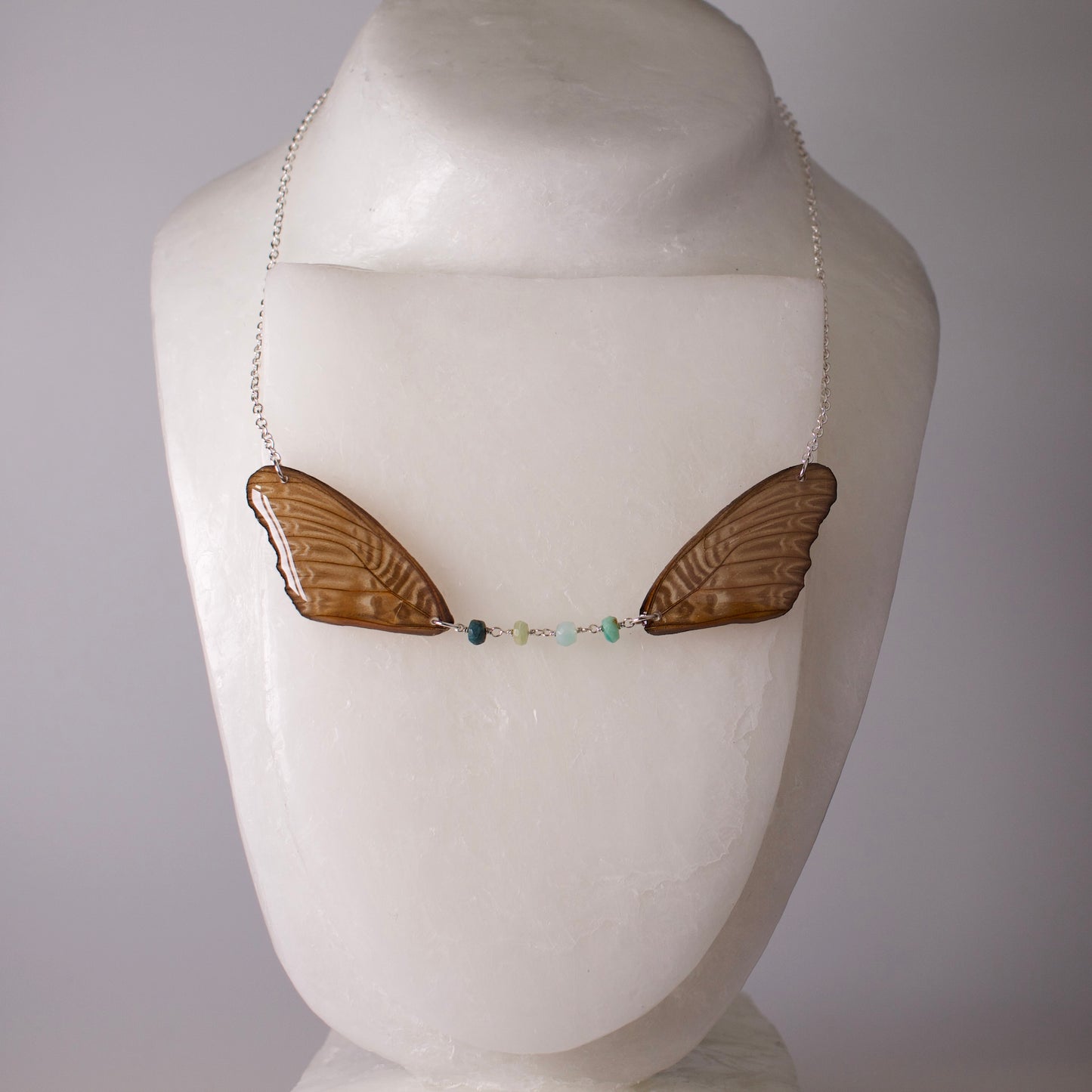 real butterfly wing necklace Violet lacewing Cethosia myrina Peruvian blue opal silver necklace on wax form